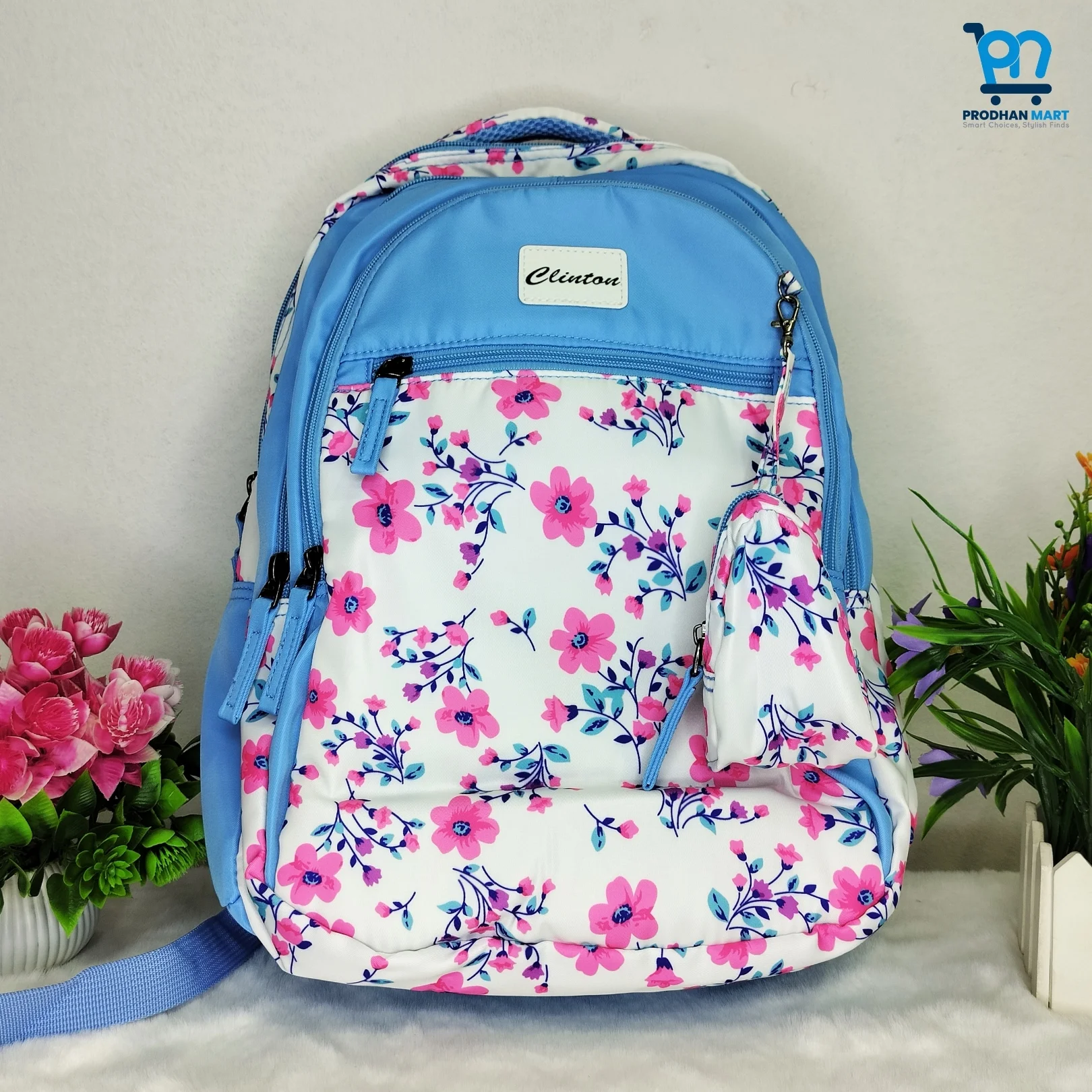(Class 4-10) Floral Print School Bag (Light Blue Color)
