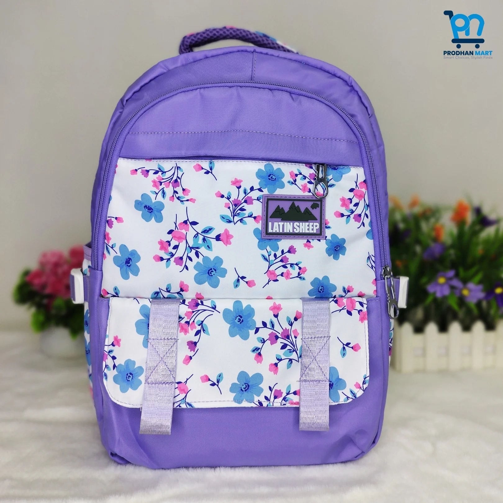 (Class 2-5) Floral Print School Bag (Light Purple Color)