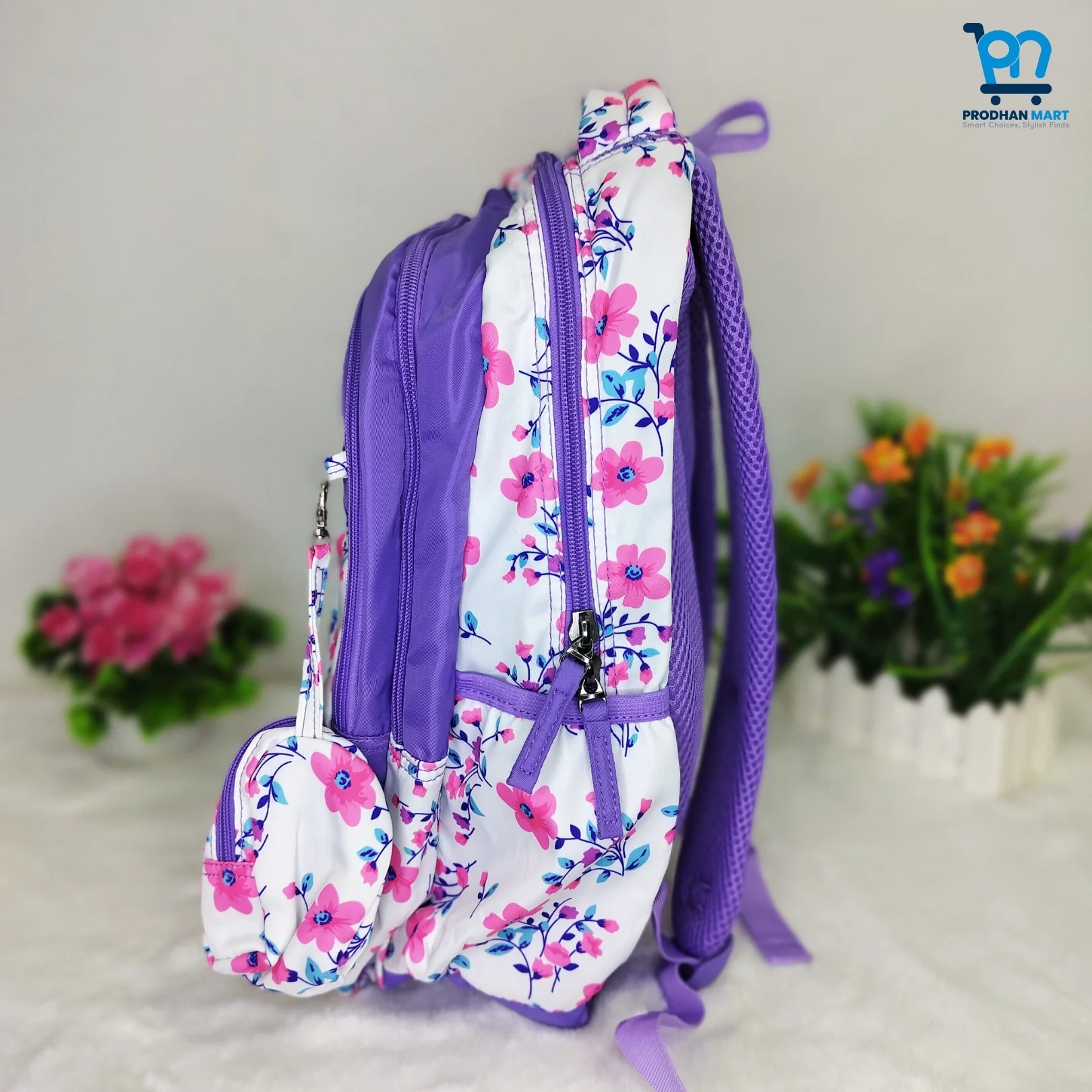 (Class 4-10) Floral Print School Bag (Light Purple Color)
