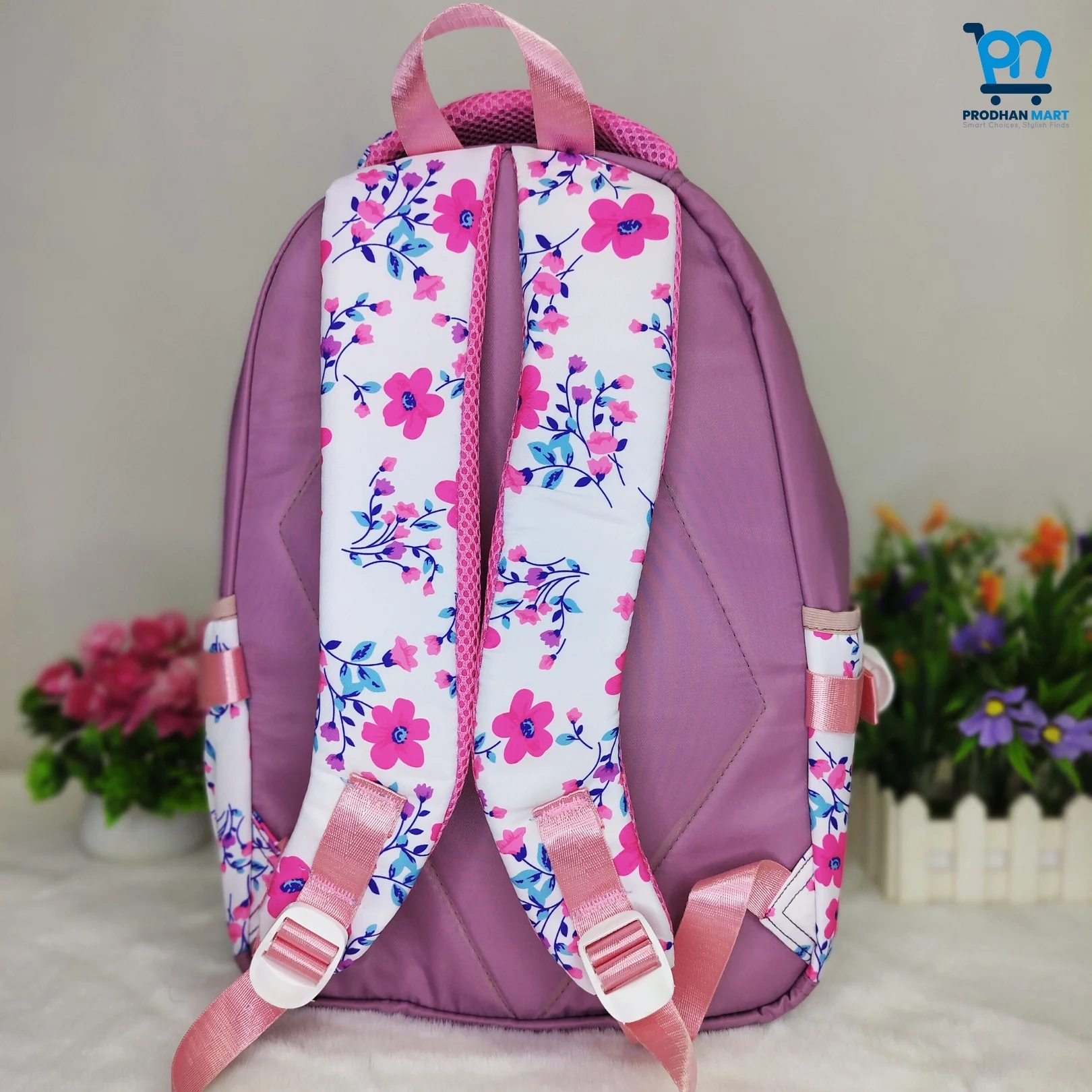 (Class 2-5) Floral Print School Bag (Nude Pink Color)