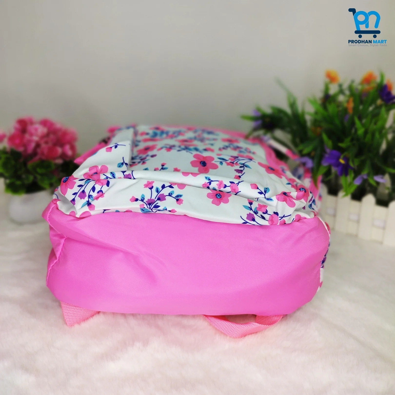 (Class 4-10) Floral Print School Bag (Bright Pink Color)