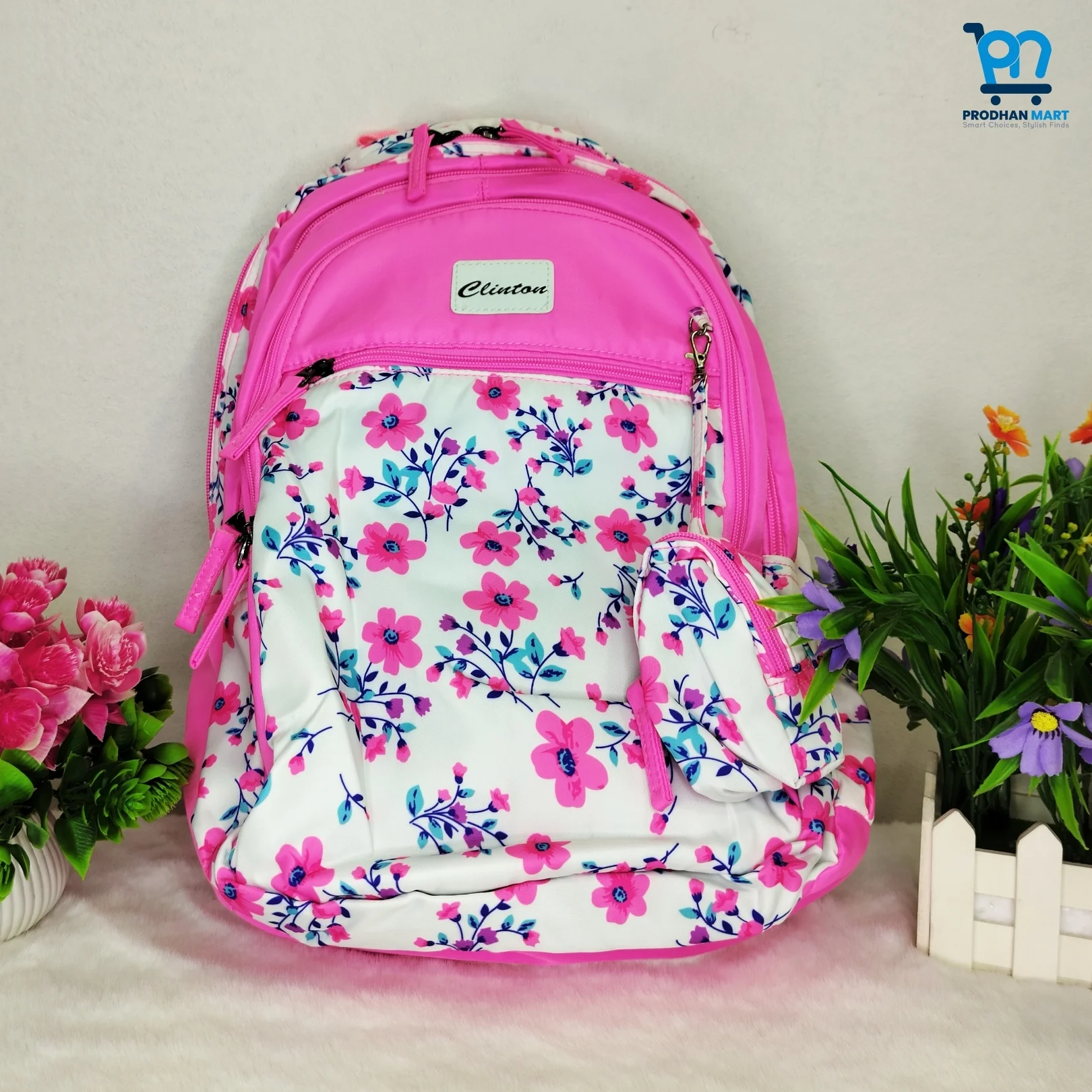 (Class 4-10) Floral Print School Bag (Bright Pink Color)