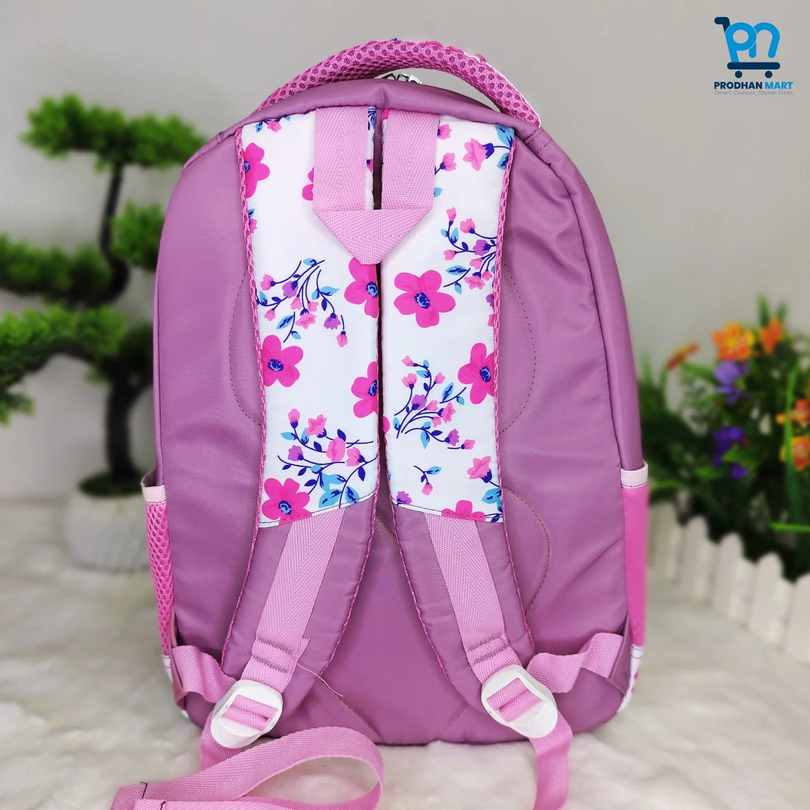(Class 0-3) Floral Print School Bag (Nude Pink Color)