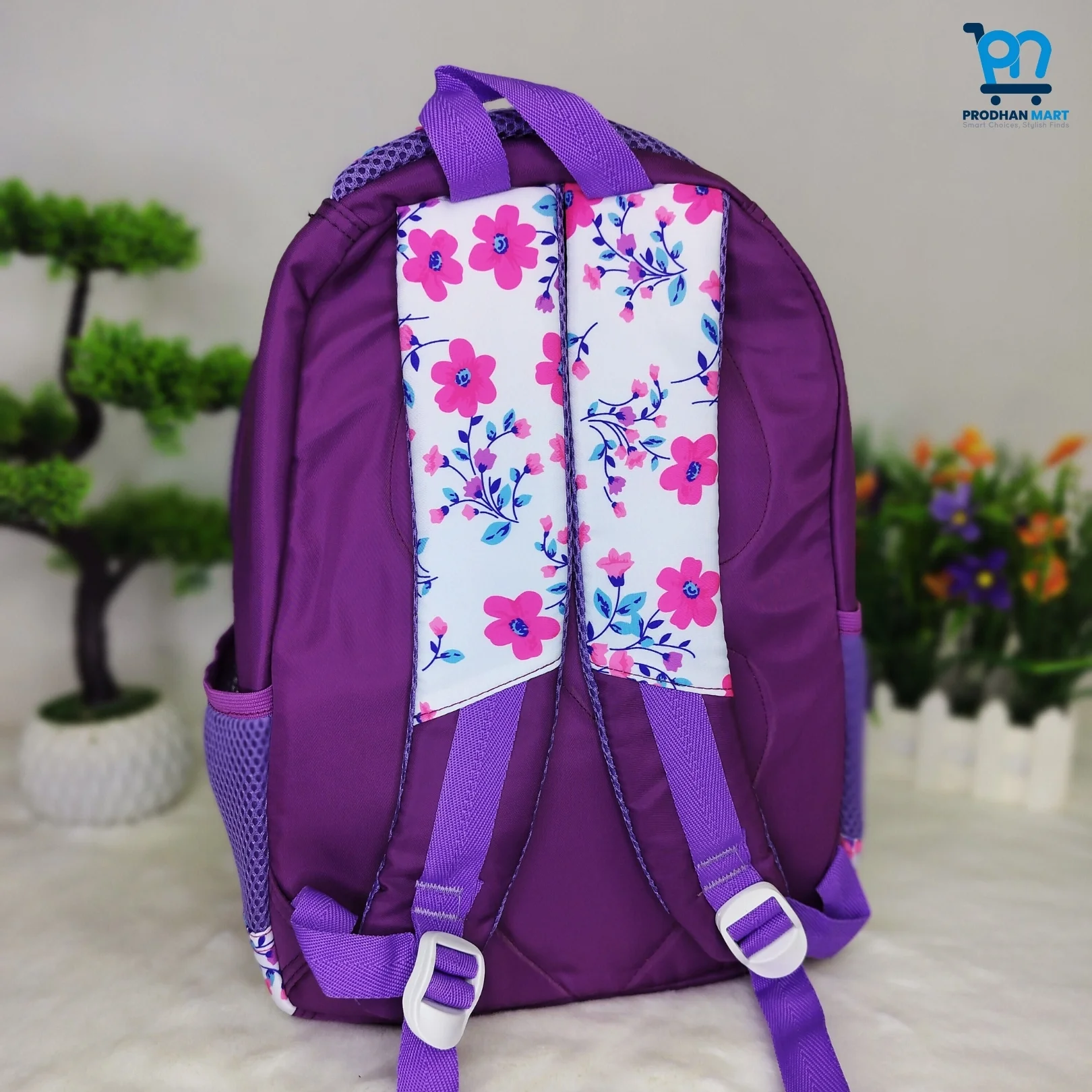 (Class 0-3) Floral Print School Bag (Dark Purple Color)
