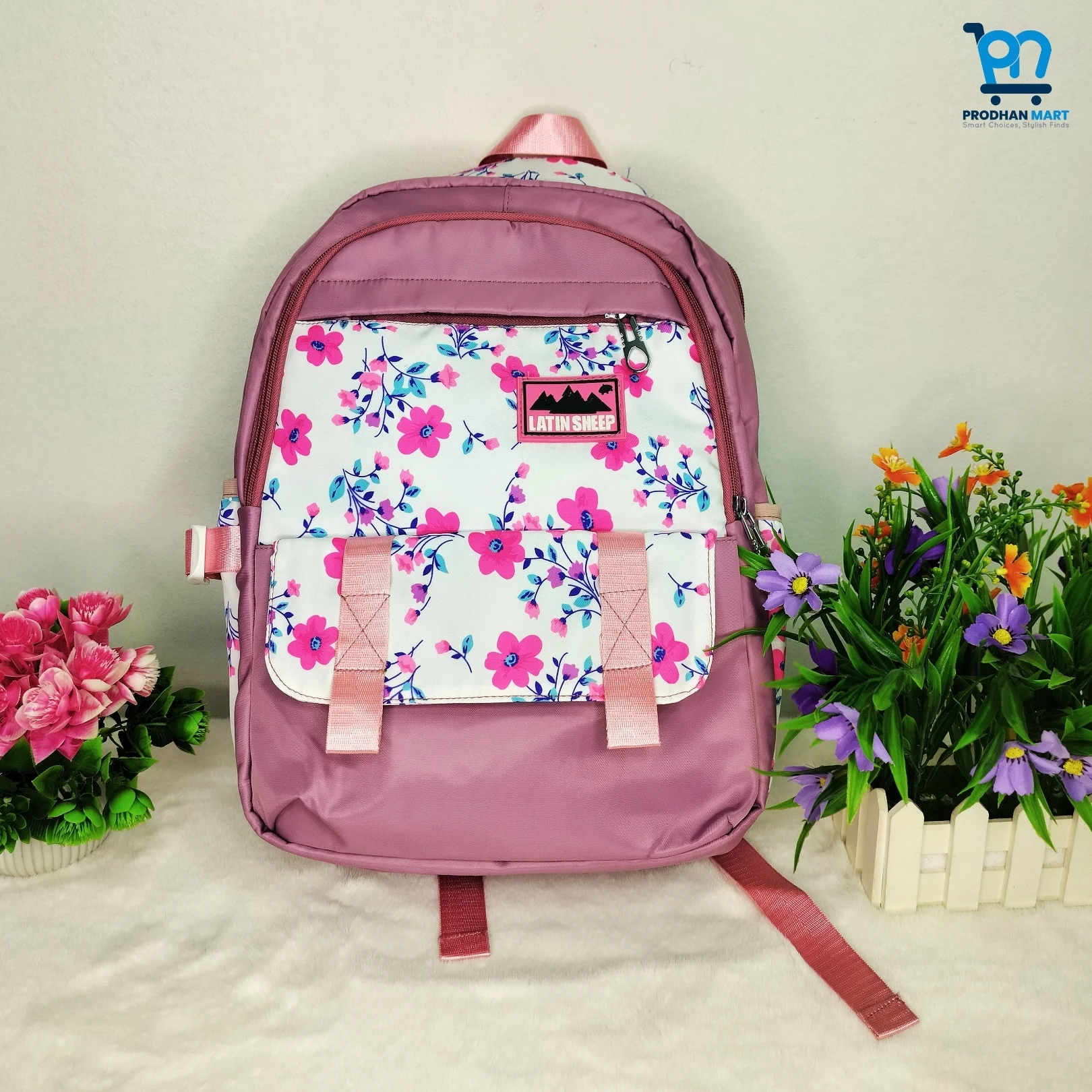 (Class 2-5) Floral Print School Bag (Nude Pink Color)