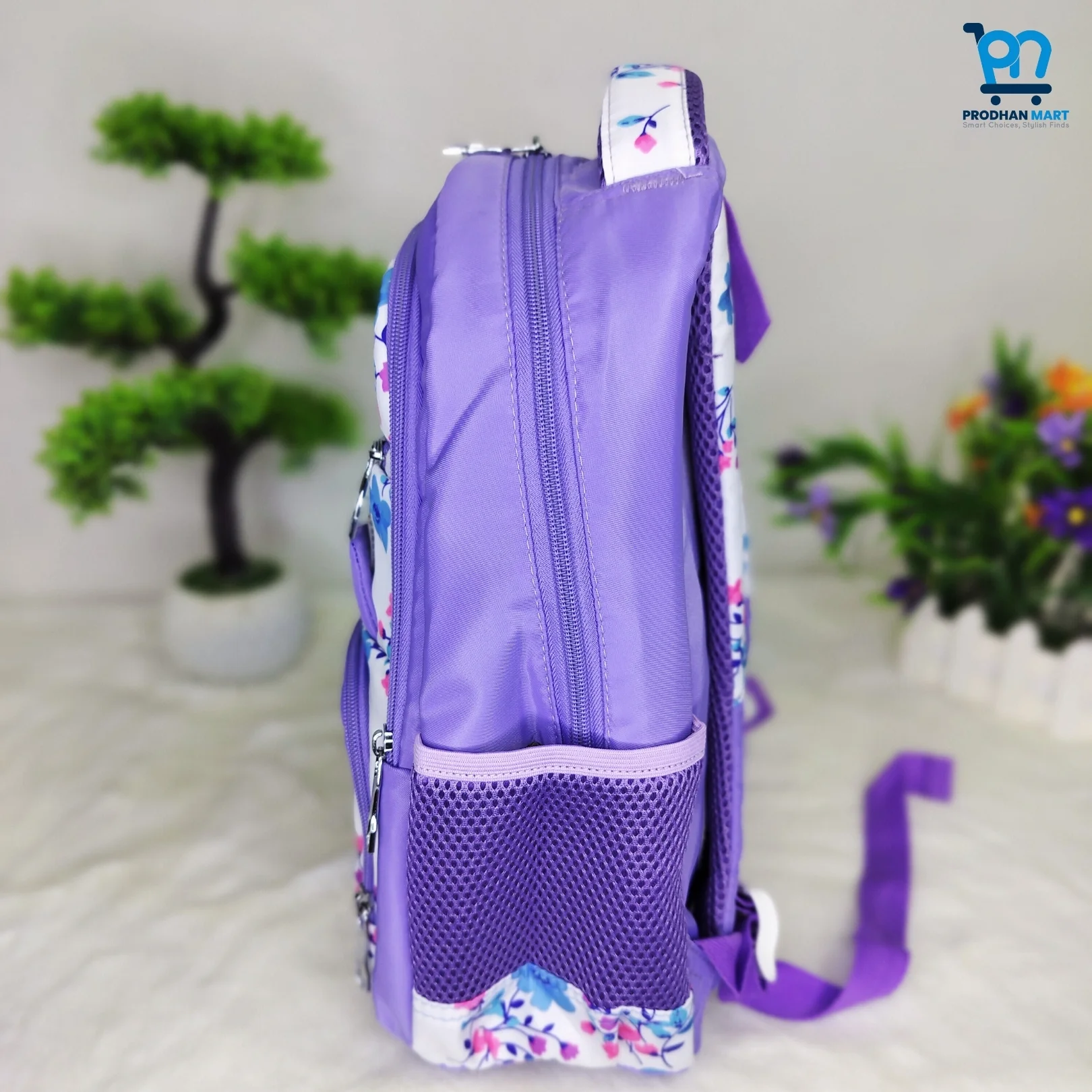 (Class 0-3) Floral Print School Bag (Light Purple Color)