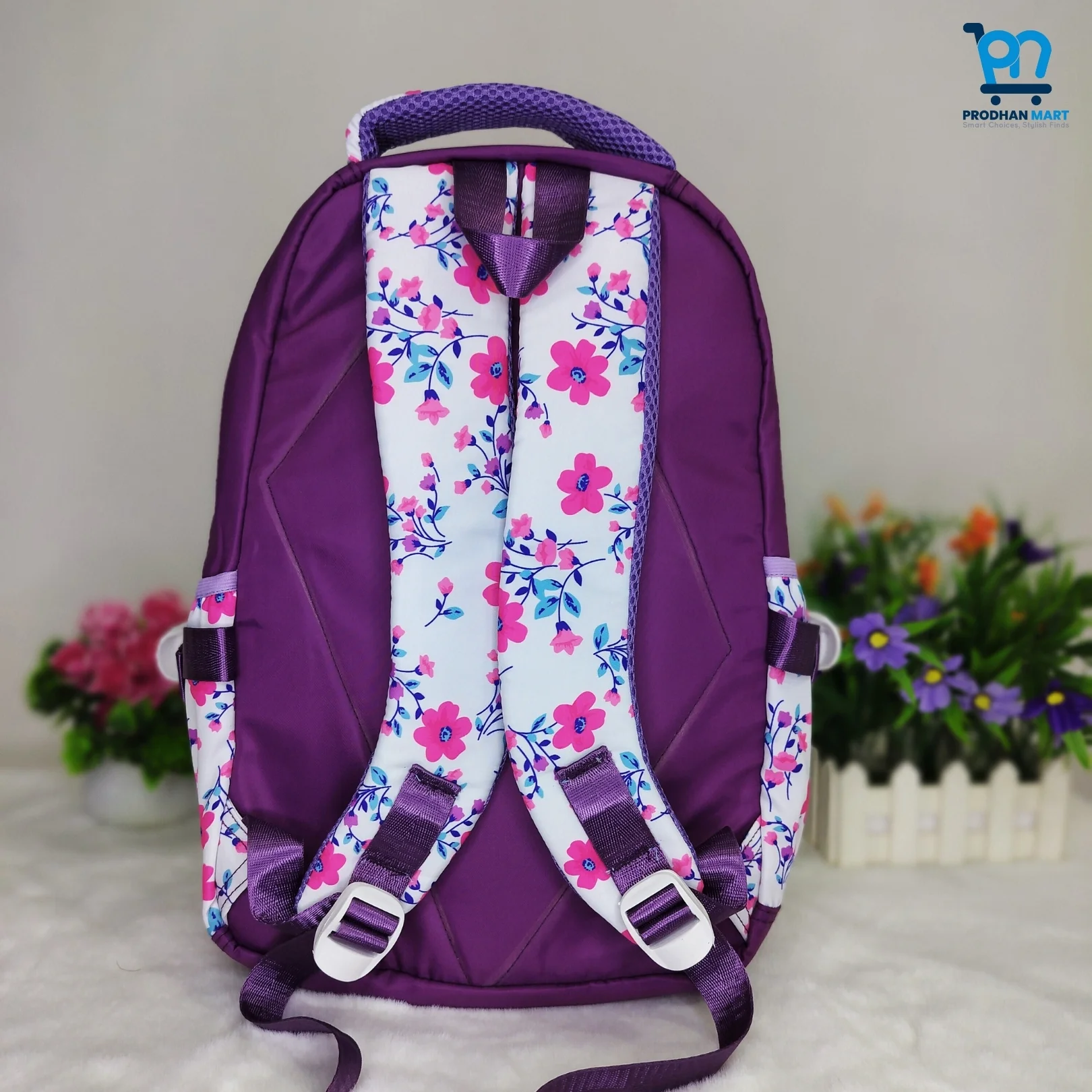 (Class 2-5) Floral Print School Bag (Dark Purple Color)