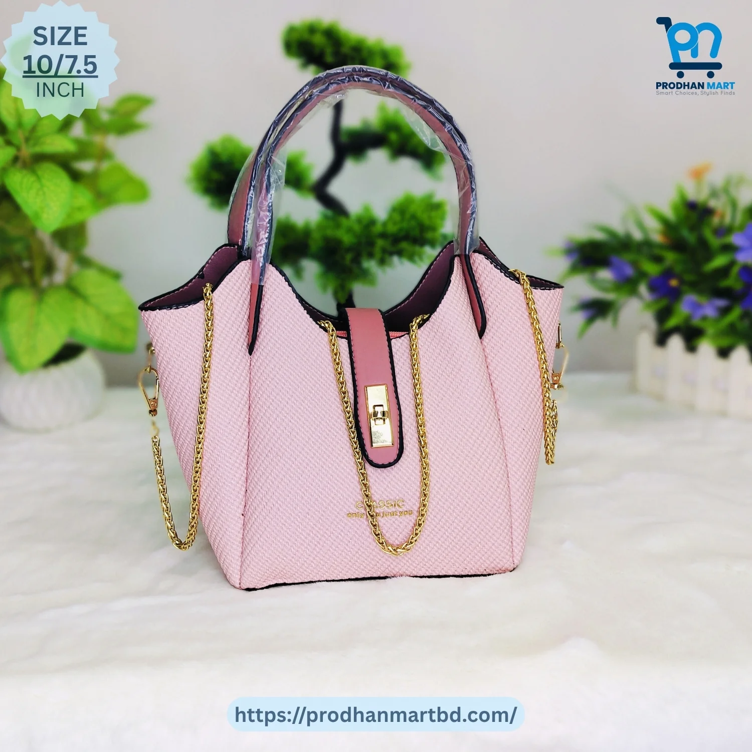 Stylish Chain Accent Tote Bag (Baby Pink Color)