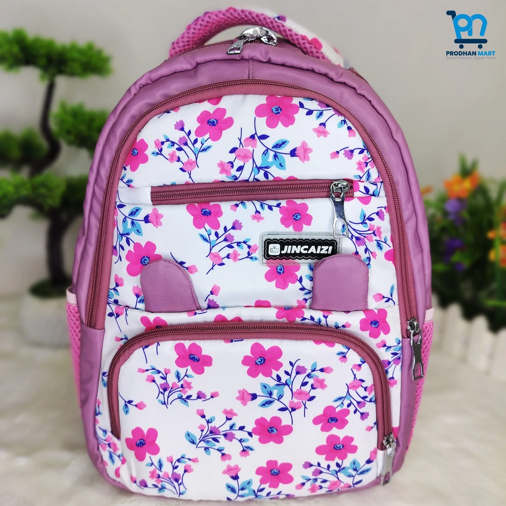 (Class 0-3) Floral Print School Bag (Nude Pink Color)