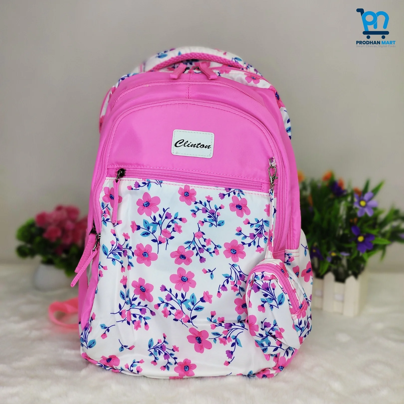 (Class 4-10) Floral Print School Bag (Bright Pink Color)