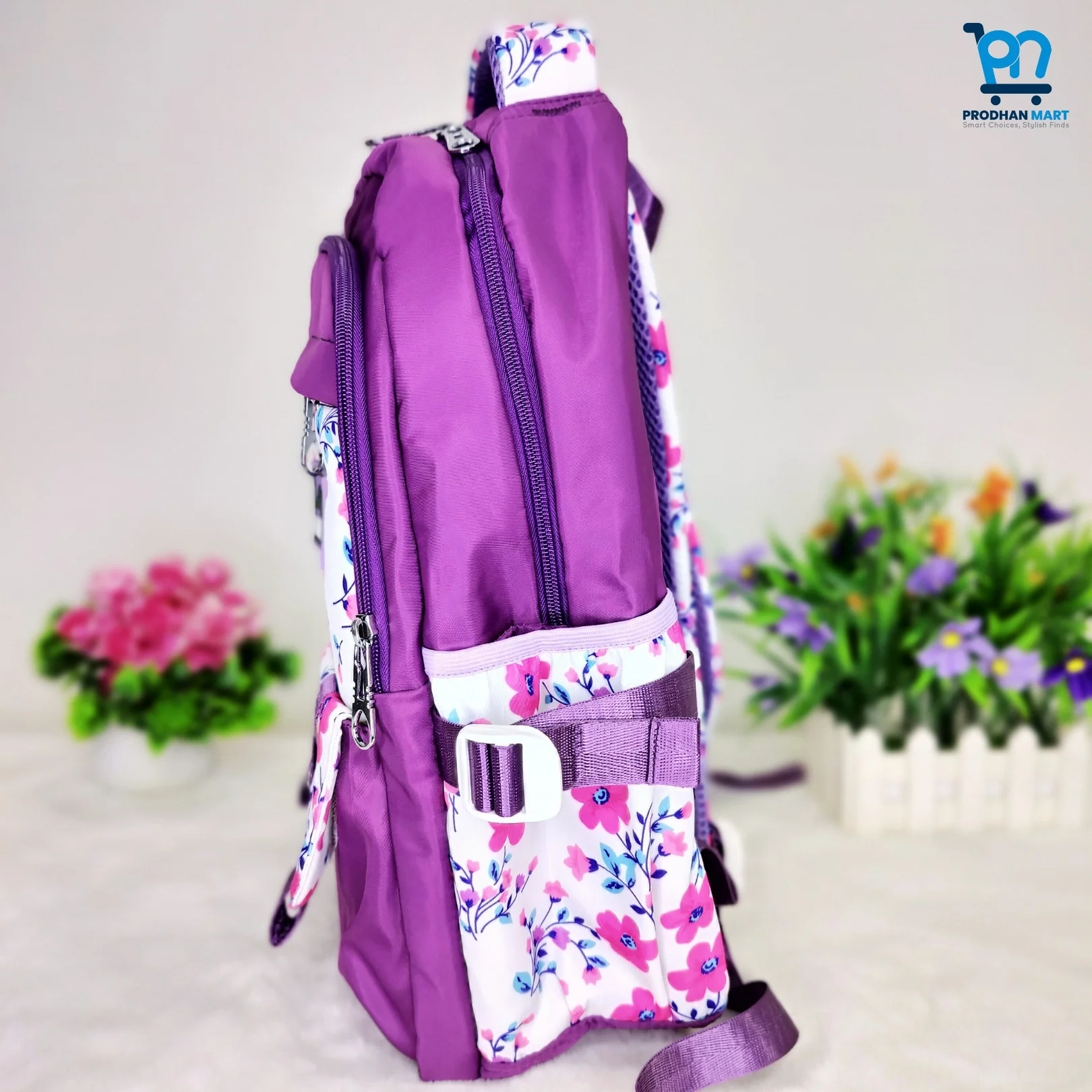 (Class 2-5) Floral Print School Bag (Dark Purple Color)