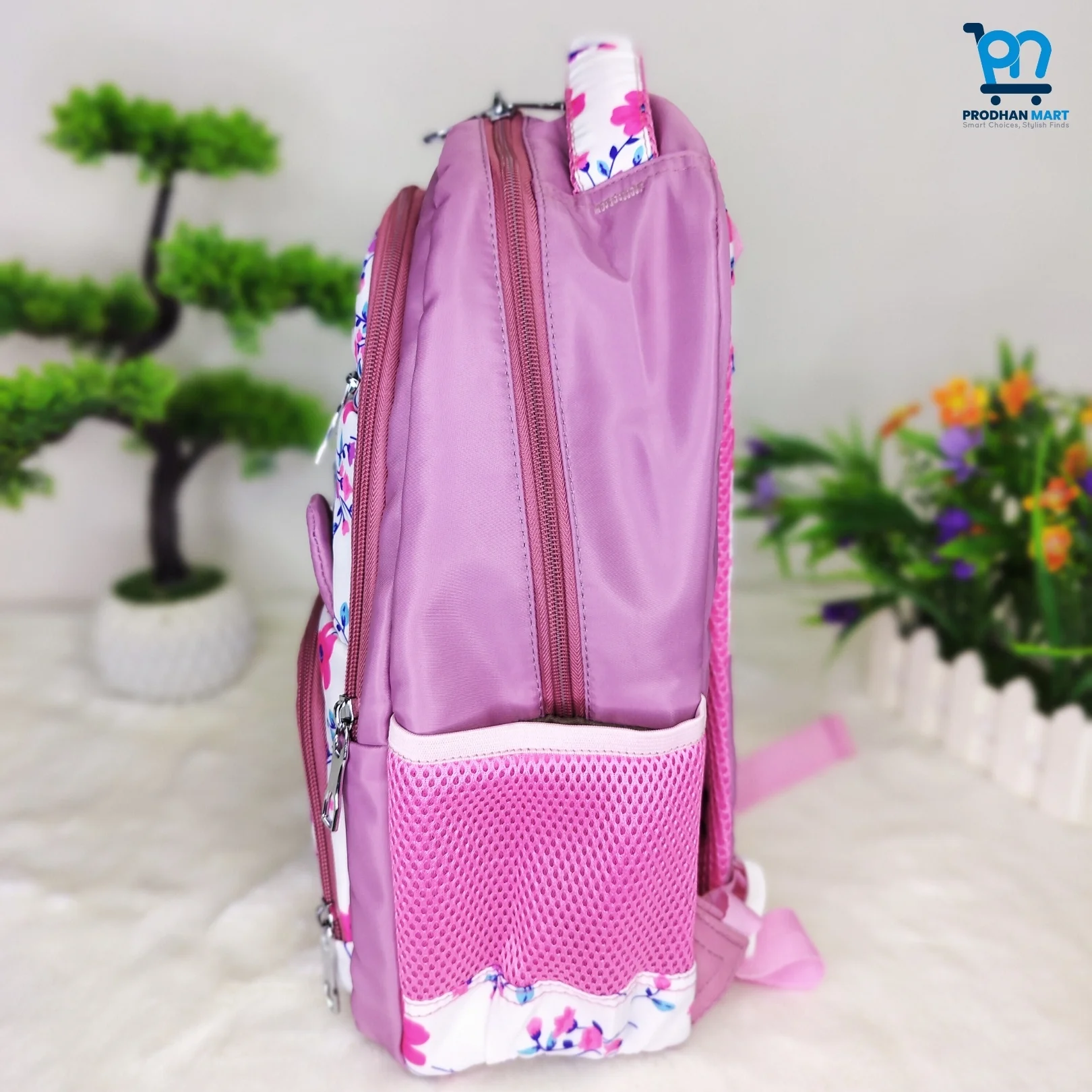 (Class 0-3) Floral Print School Bag (Nude Pink Color)