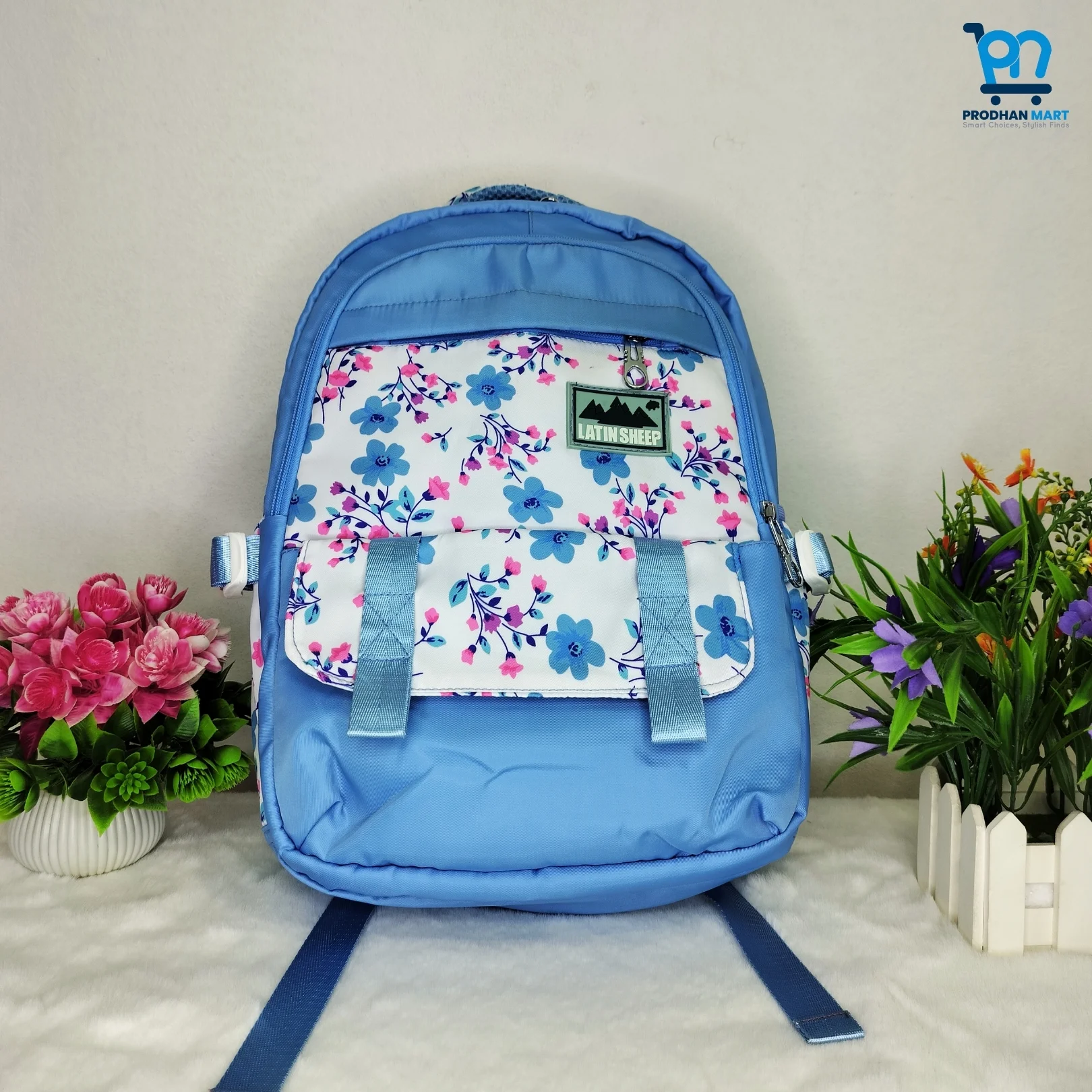 (Class 2-5) Floral Print School Bag (Light Blue Color)