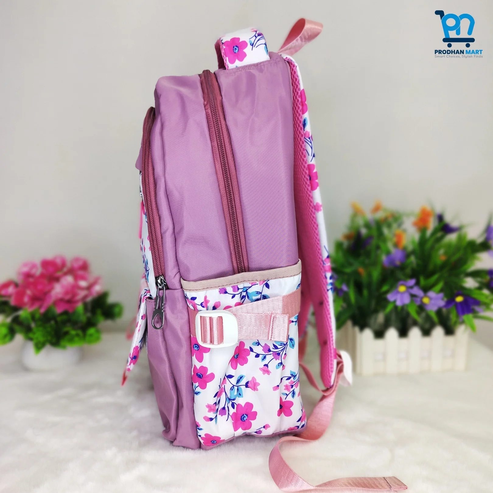 (Class 2-5) Floral Print School Bag (Nude Pink Color)