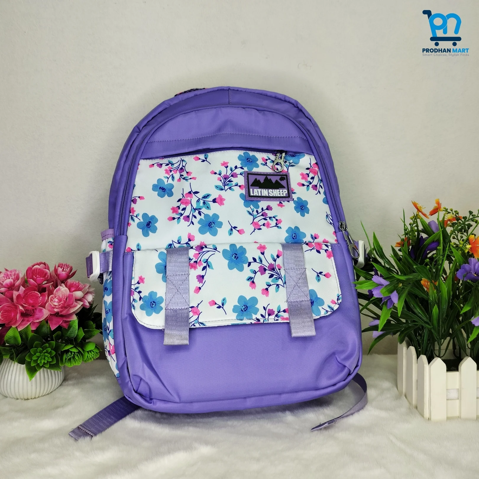 (Class 2-5) Floral Print School Bag (Light Purple Color)