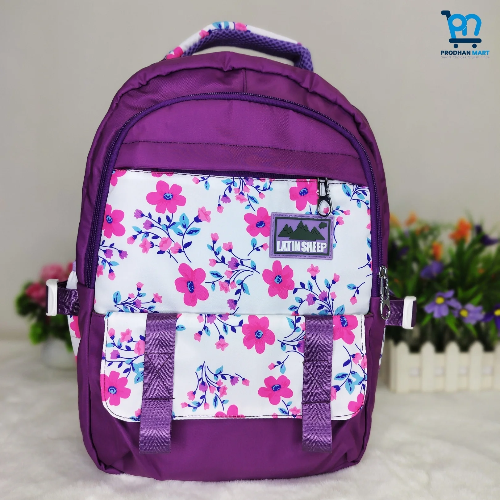 (Class 2-5) Floral Print School Bag (Dark Purple Color)