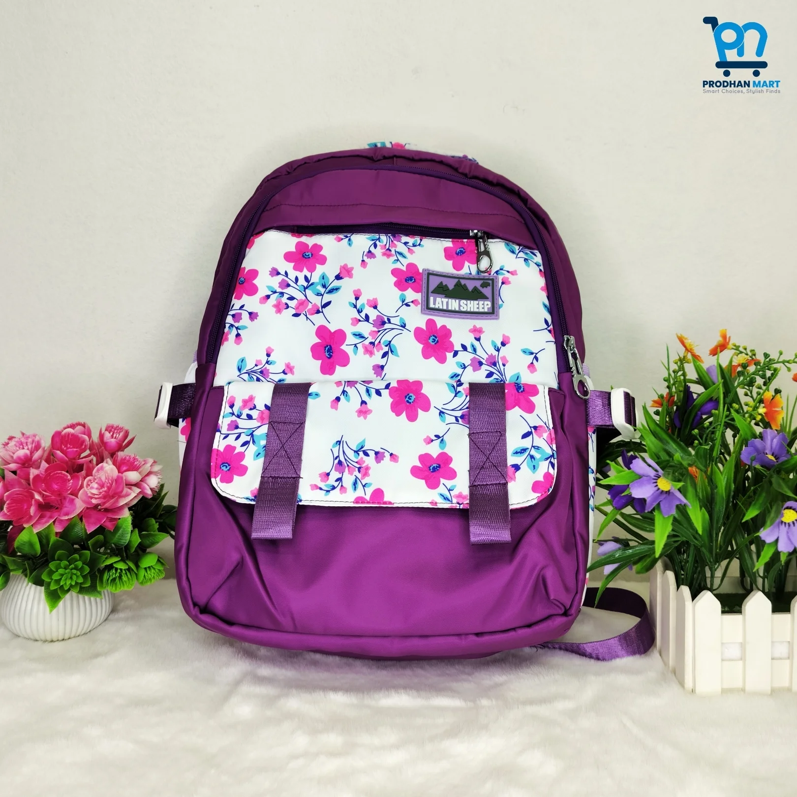 (Class 2-5) Floral Print School Bag (Dark Purple Color)
