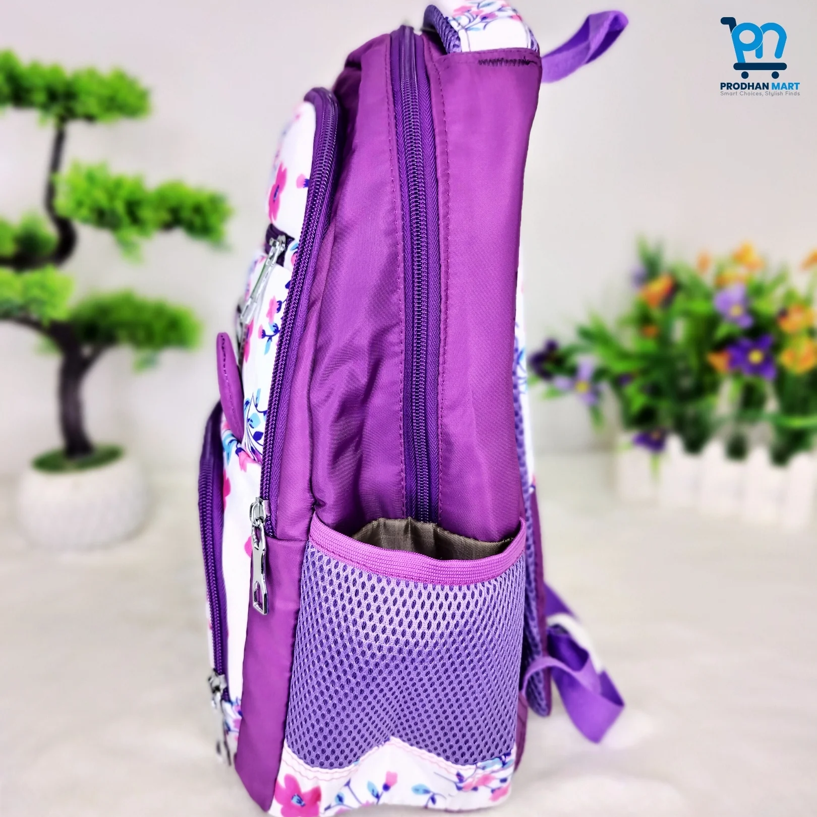 (Class 0-3) Floral Print School Bag (Dark Purple Color)