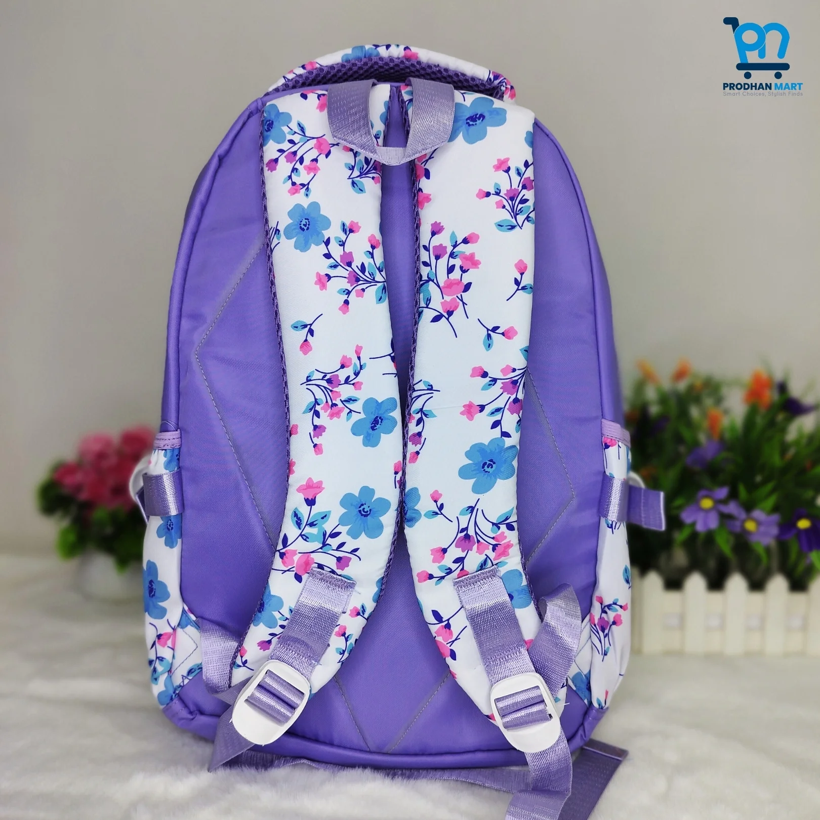 (Class 2-5) Floral Print School Bag (Light Purple Color)