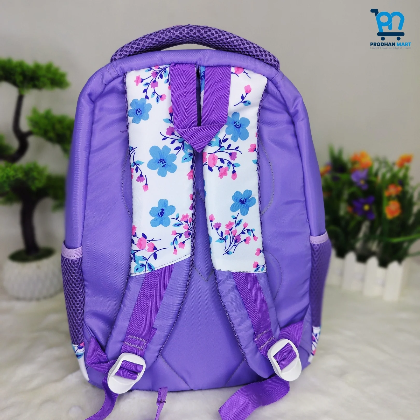 (Class 0-3) Floral Print School Bag (Light Purple Color)