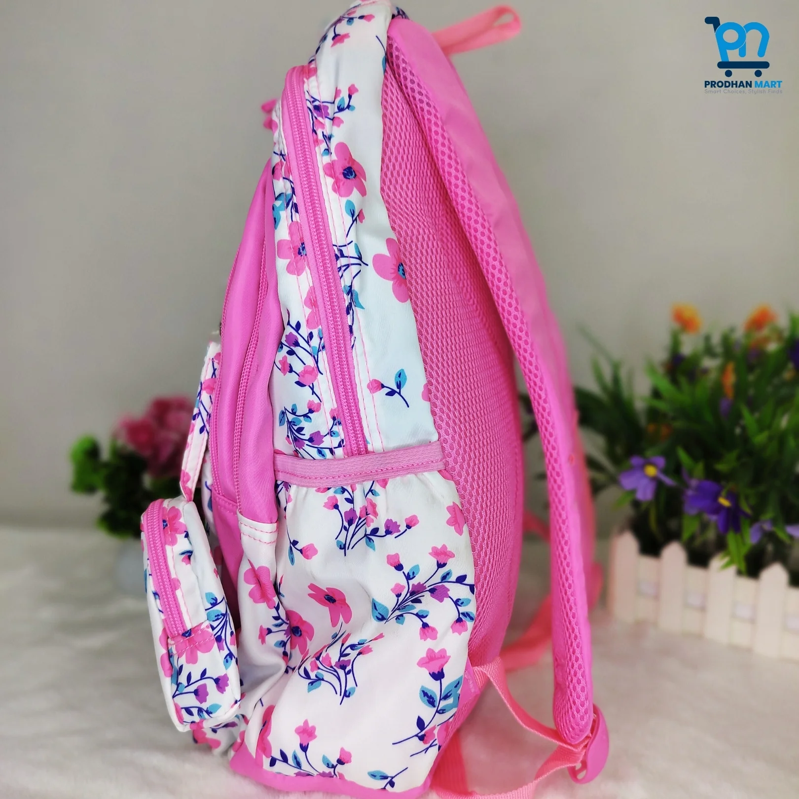 (Class 4-10) Floral Print School Bag (Bright Pink Color)
