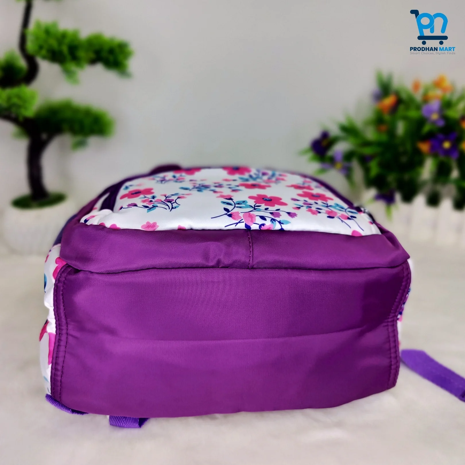(Class 0-3) Floral Print School Bag (Dark Purple Color)