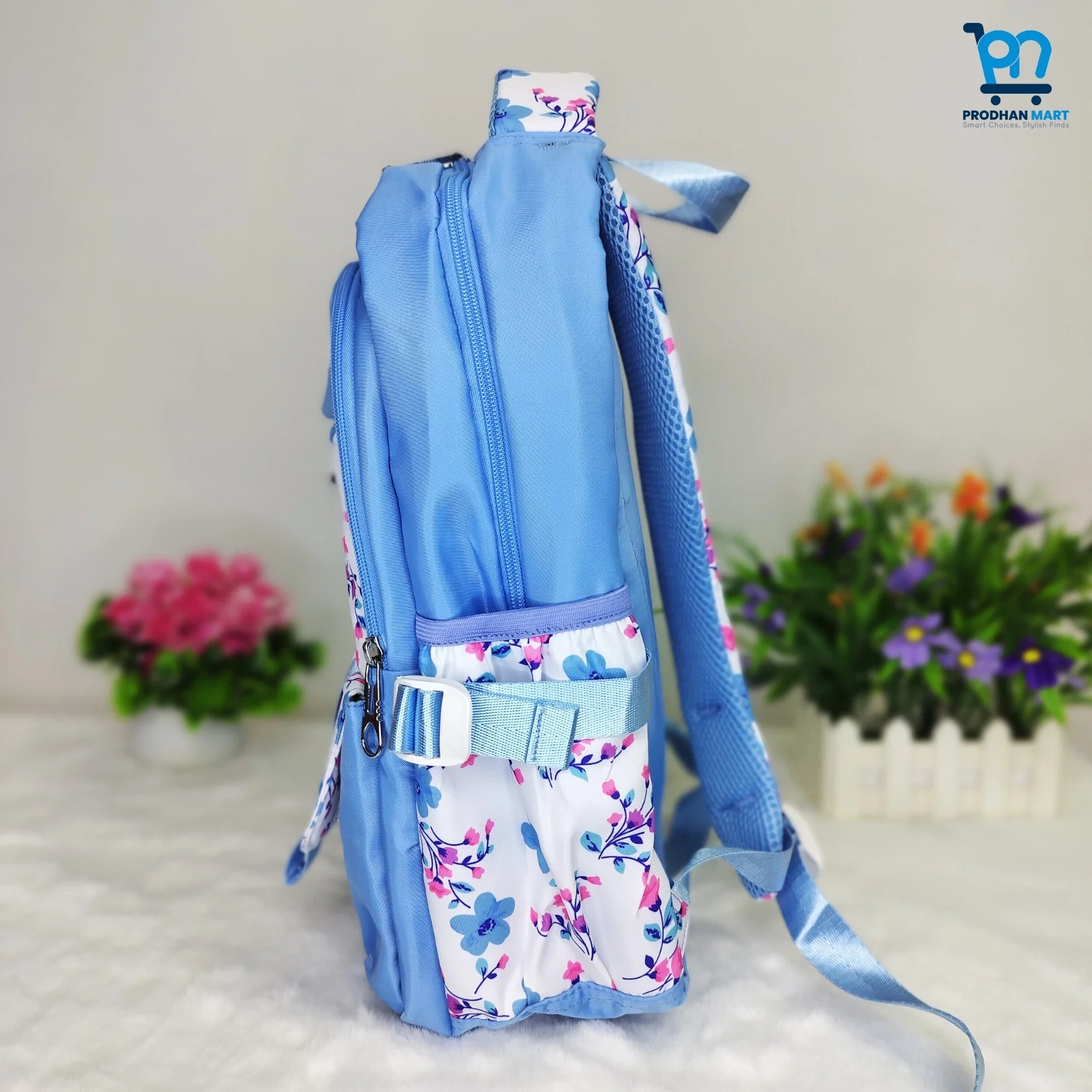 (Class 2-5) Floral Print School Bag (Light Blue Color)