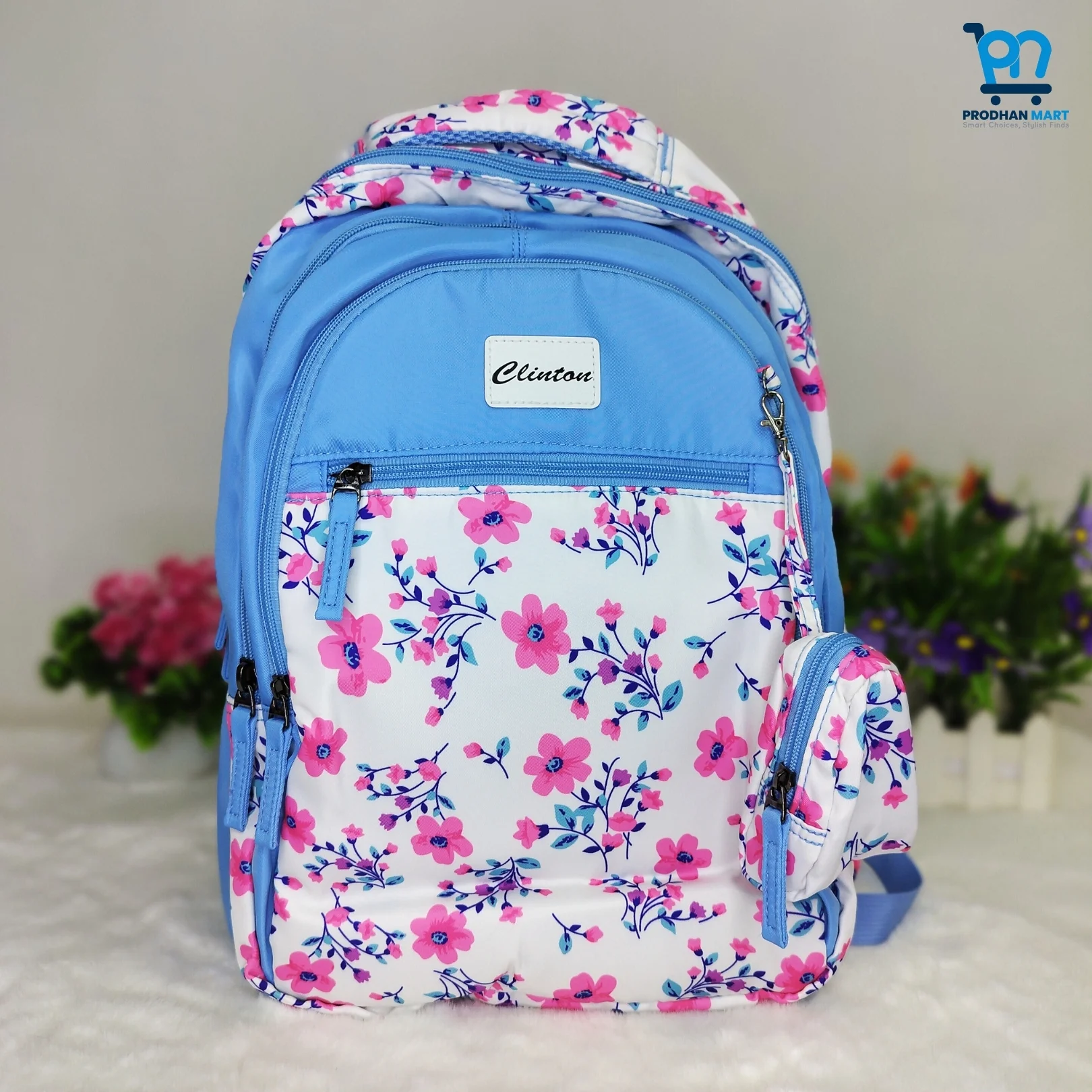 (Class 4-10) Floral Print School Bag (Light Blue Color)