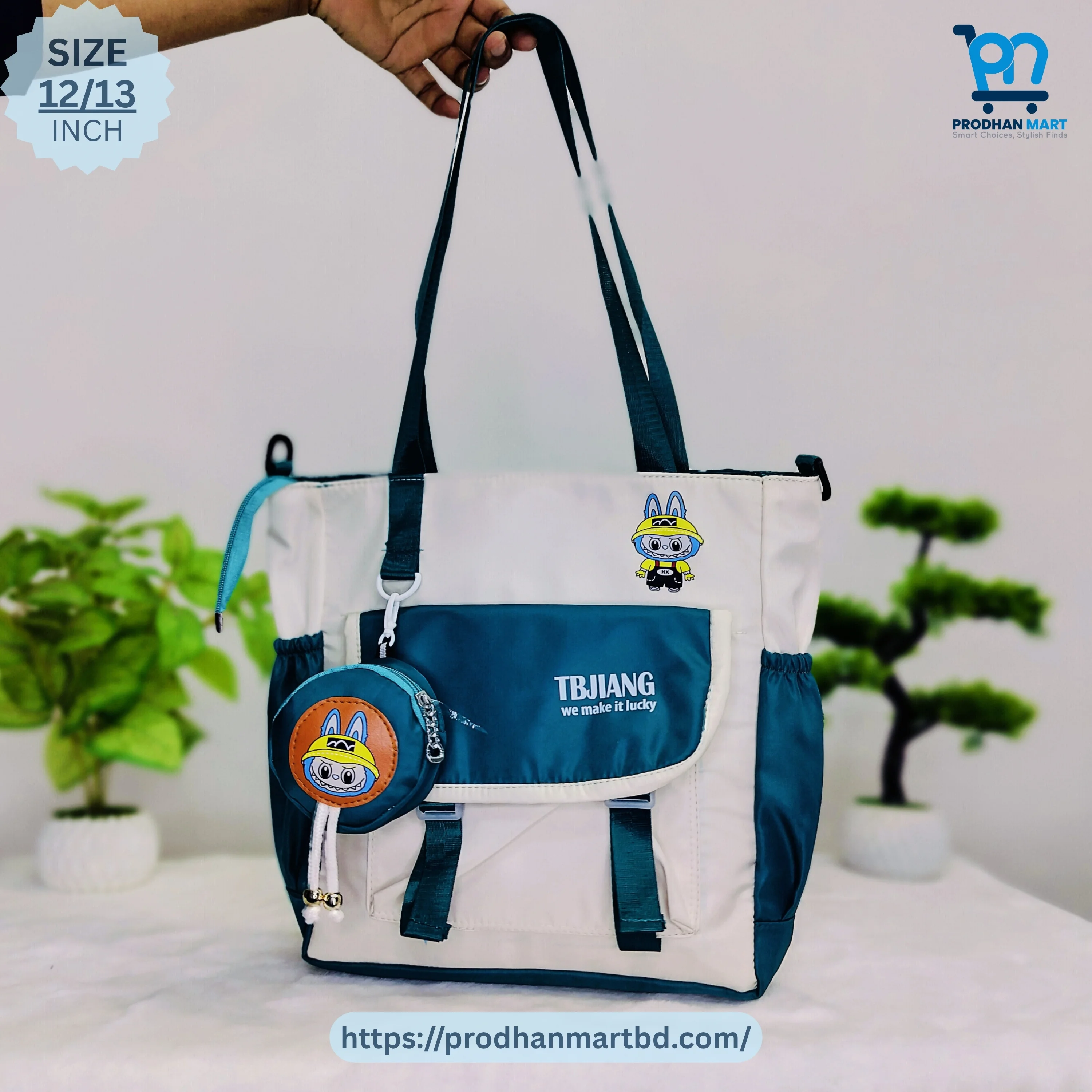 Cartoon Tote Backpack (Off White & Teal Blue)