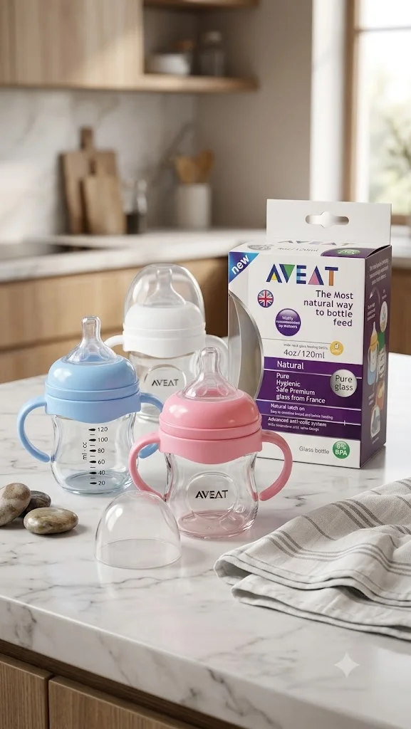 Aveat Wide Neck Premium Glass Baby Feeding Bottle with Handle – 120ml Aveat Wide Neck Premium Glass Baby Feeding Bottle with Handle – 120ml