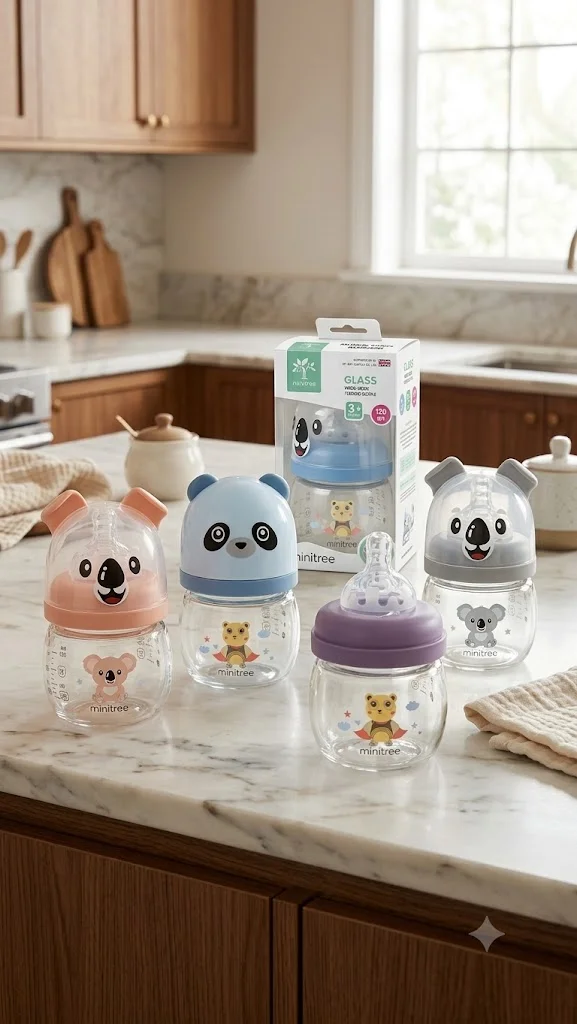 Minitree Wide Neck Premium Glass Baby Feeding Bottle 120ml (Panda/Dog Design)