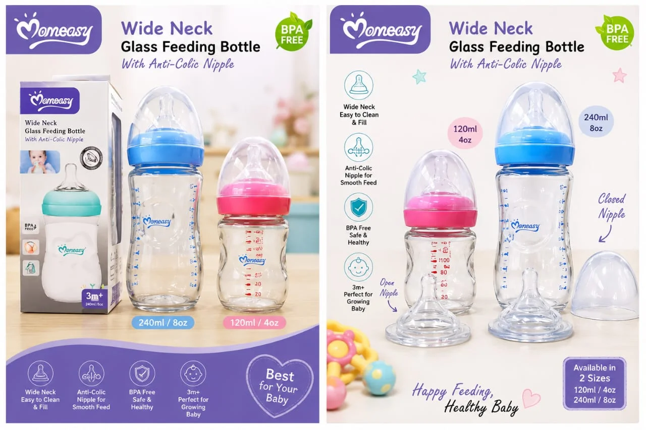 MomEasy Wide Neck Glass Feeding Bottle