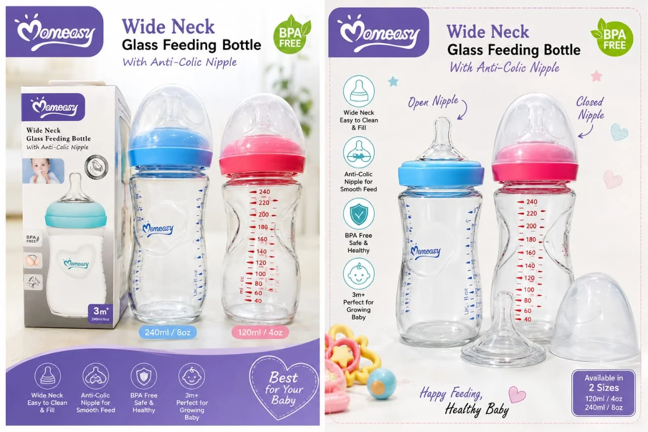 MomEasy Wide Neck Glass Feeding Bottle