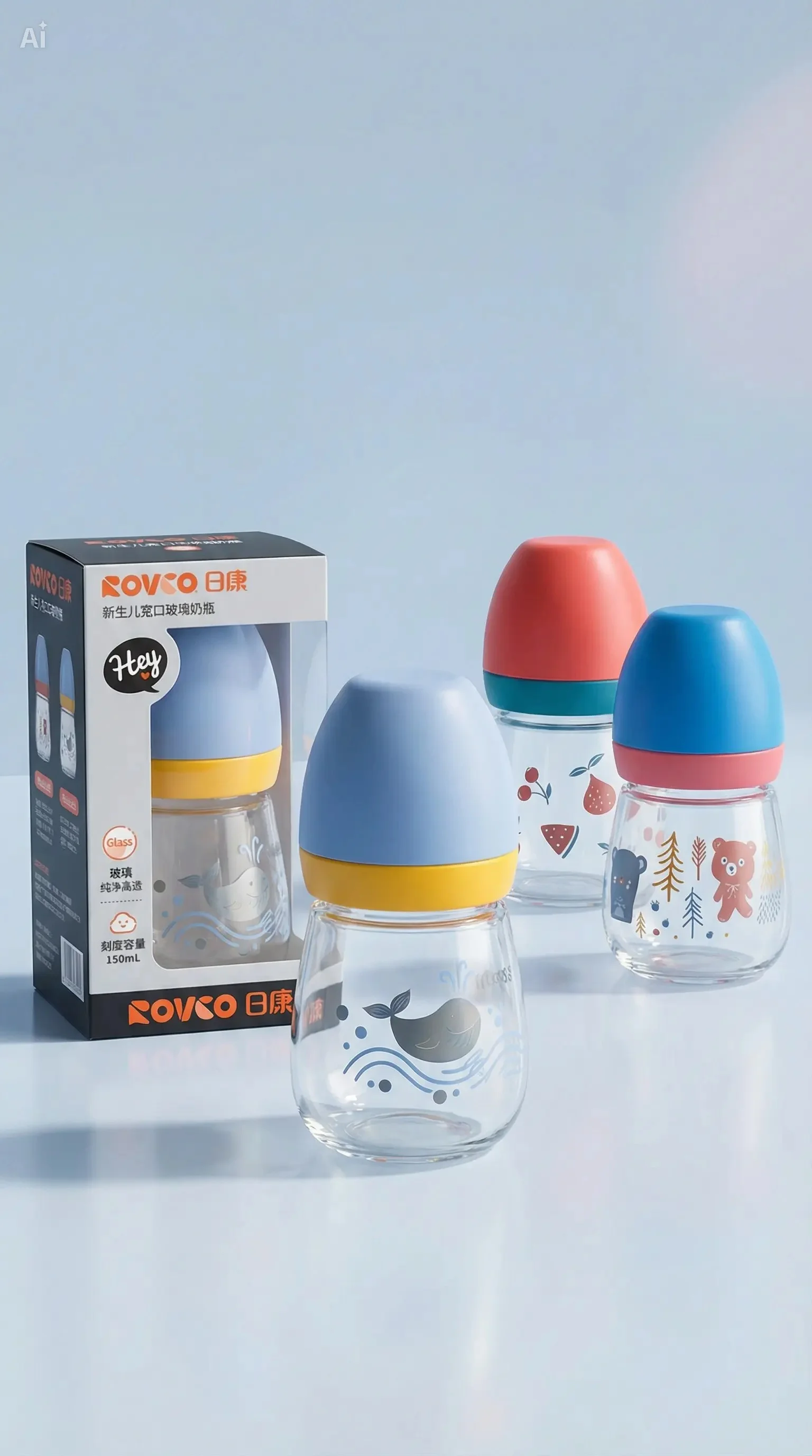 Rovco Anti Colic Wide Neck Glass Feeder 150ml Feeding Bottle