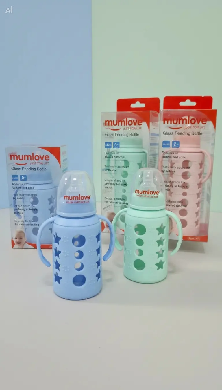 Mumlove Baby Feeder Double Protection Unbreakable Glass Body Feeding Bottle with Handle & Silicon Cover