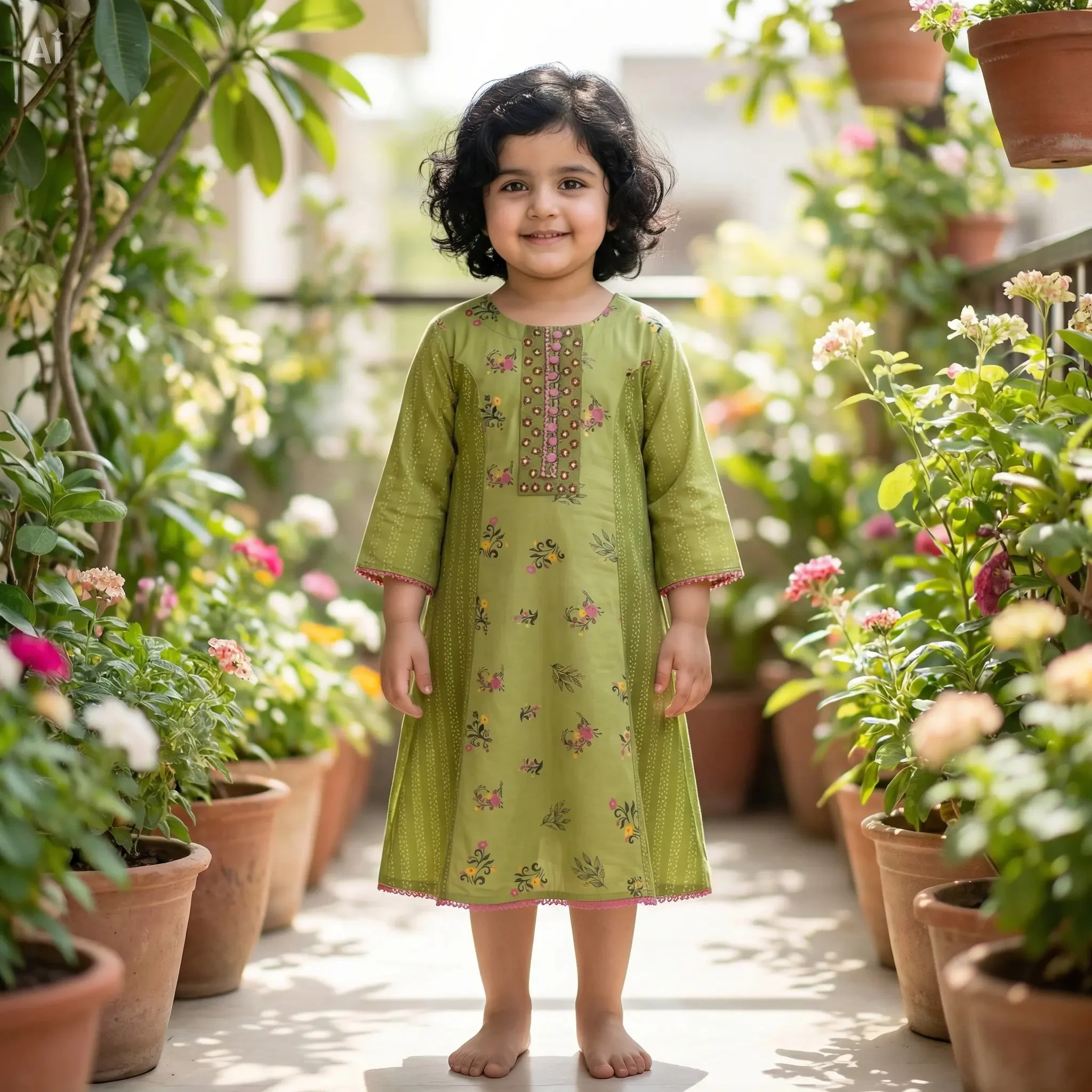 Pure Cotton Boutique & Embroidered Round Kurti for Girls (3–10 Years) বুটিক ও এমব্রয়ডারী করা পিউর কটন রাউন্ড কুর্তি