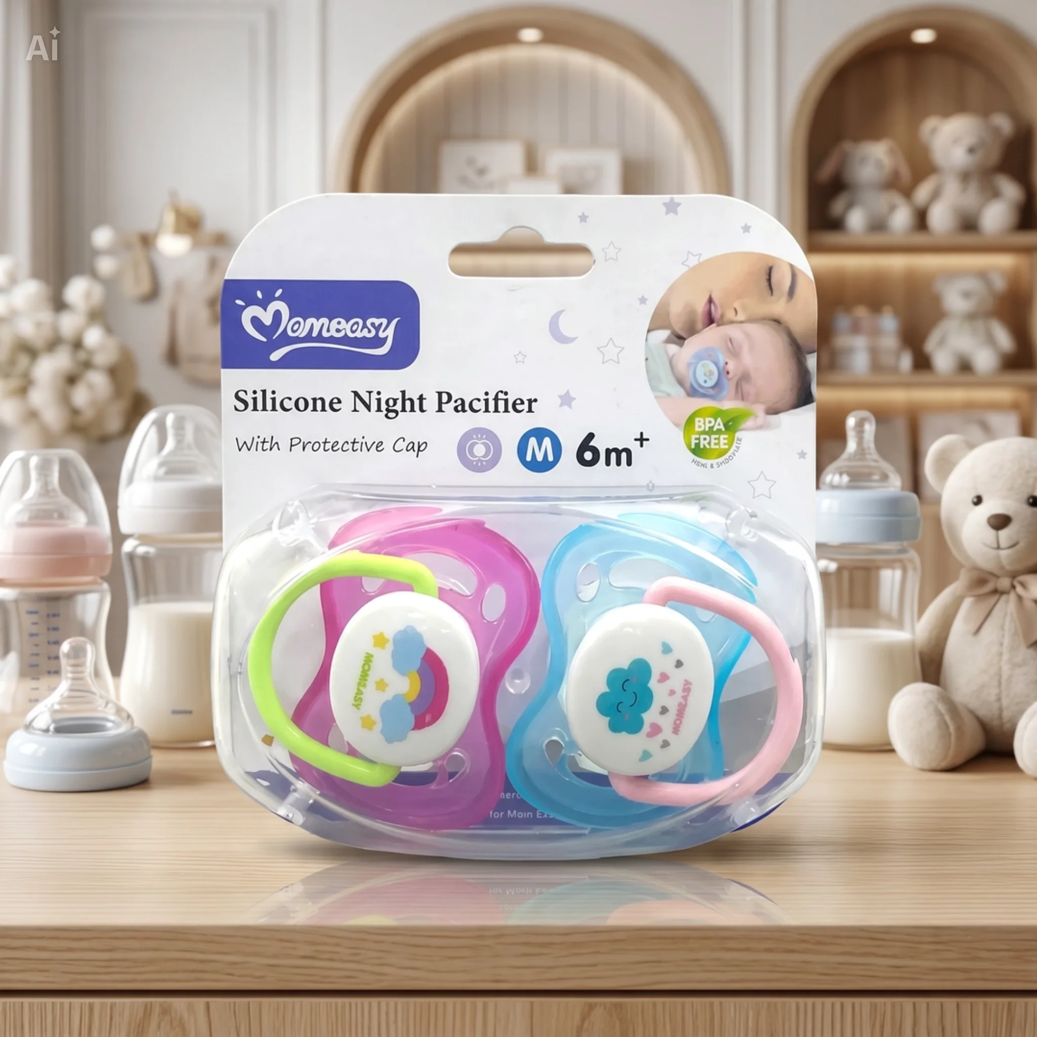 MomEasy Silicone Pacifier with Protective Cap  – 2 Pcs