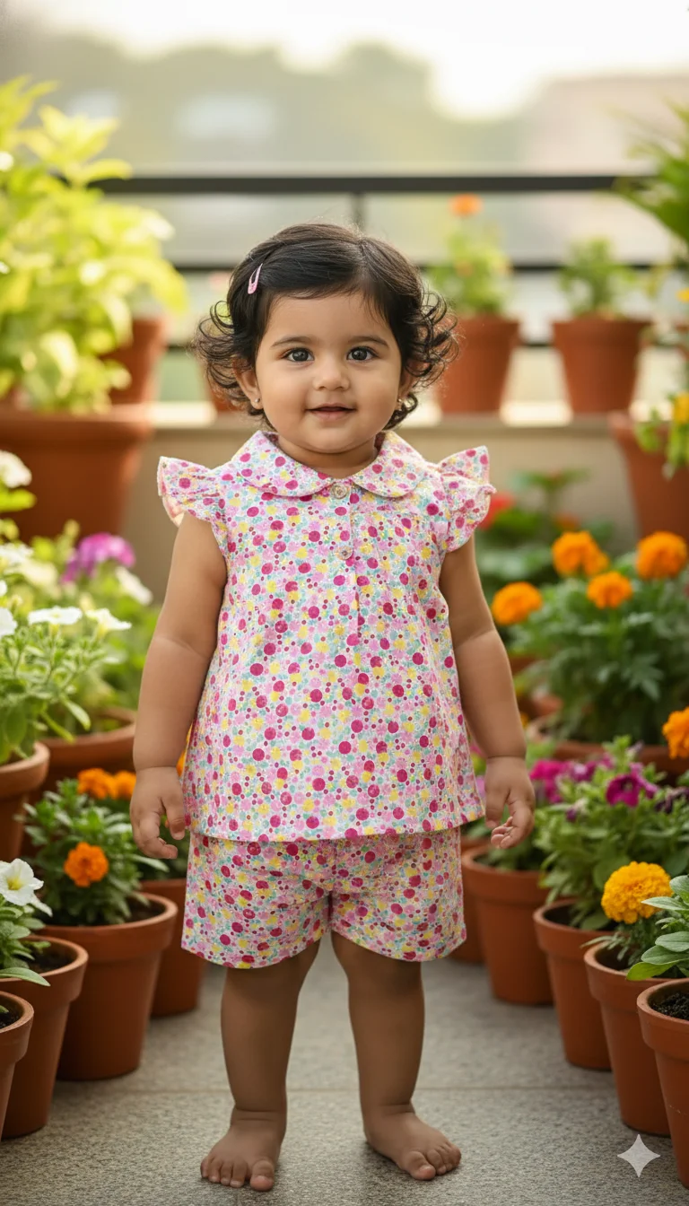 Stylish Pure Cotton Frock with Pant Set for Baby Girls (5 Months – 4 Years) পিউর কটন স্টাইলিশ ফ্রক + প্যান্ট সেট