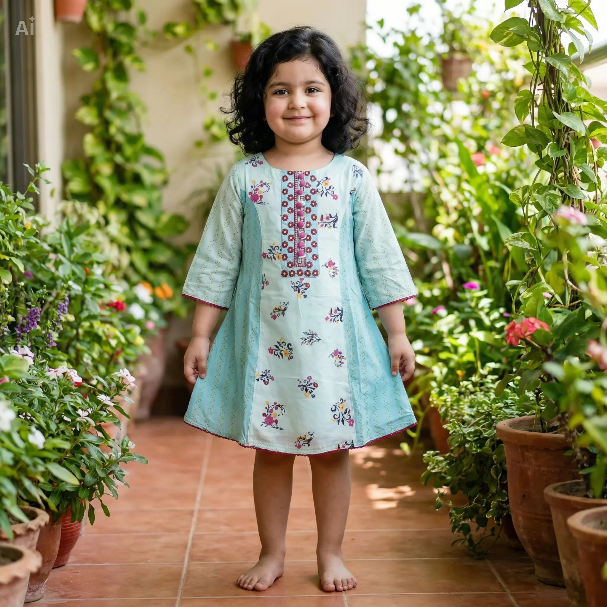 Pure Cotton Boutique & Embroidered Round Kurti for Girls (3–10 Years) বুটিক ও এমব্রয়ডারী করা পিউর কটন রাউন্ড কুর্তি