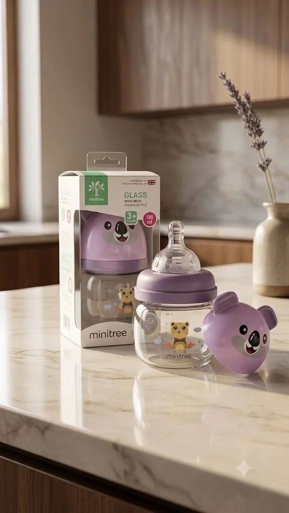 Minitree Wide Neck Premium Glass Baby Feeding Bottle 120ml (Panda/Dog Design) Minitree Wide Neck Premium Glass Baby Feeding Bottle 120ml (Panda/Dog Design)
