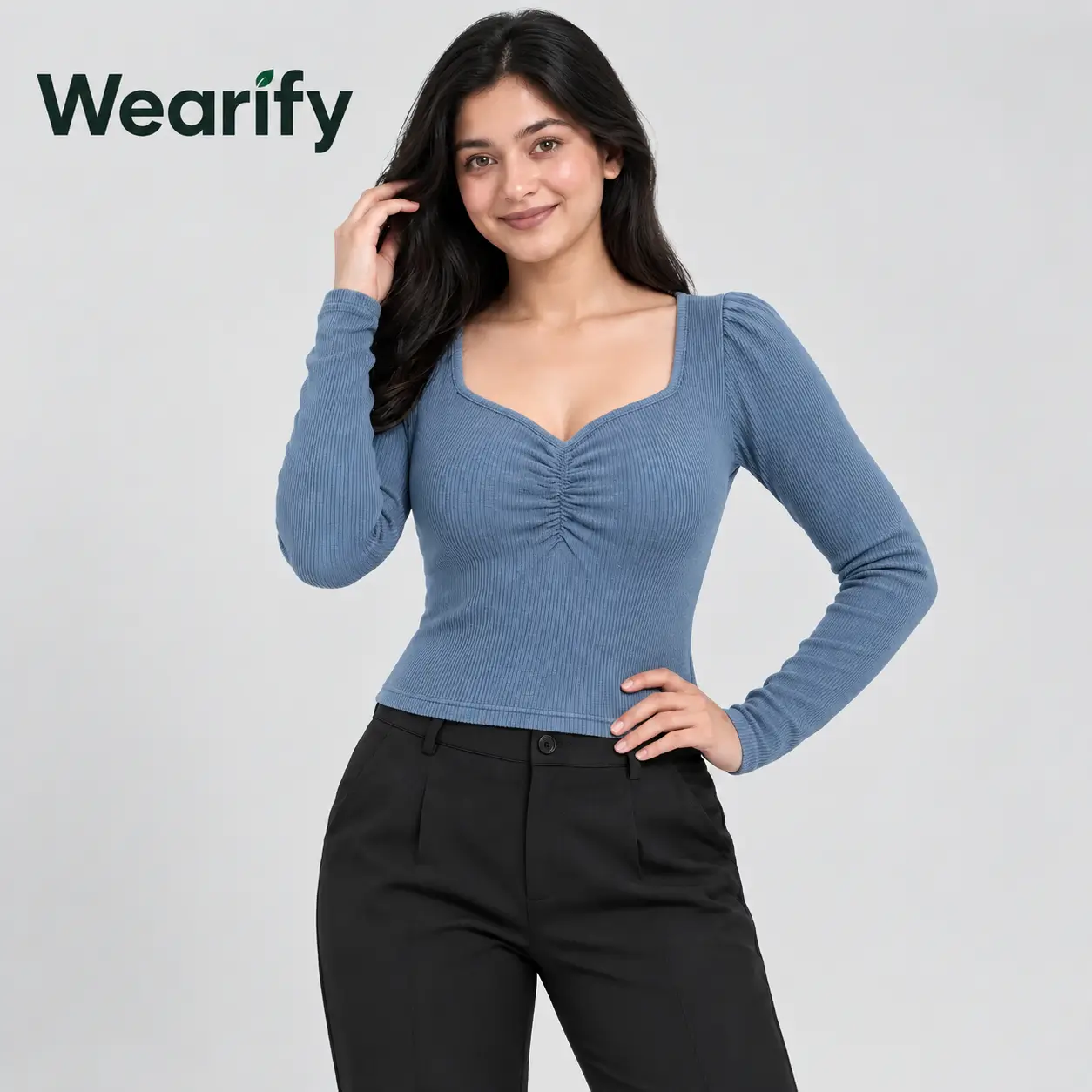 Square sweetheart neck – Full Sleeve Ribbed blouse Blue Square sweetheart neck – Full Sleeve Ribbed blouse Blue