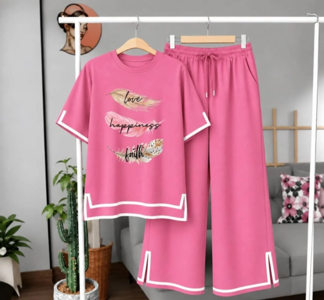 Women Happiness Print Side Cutting Co-Ord Set – Pink