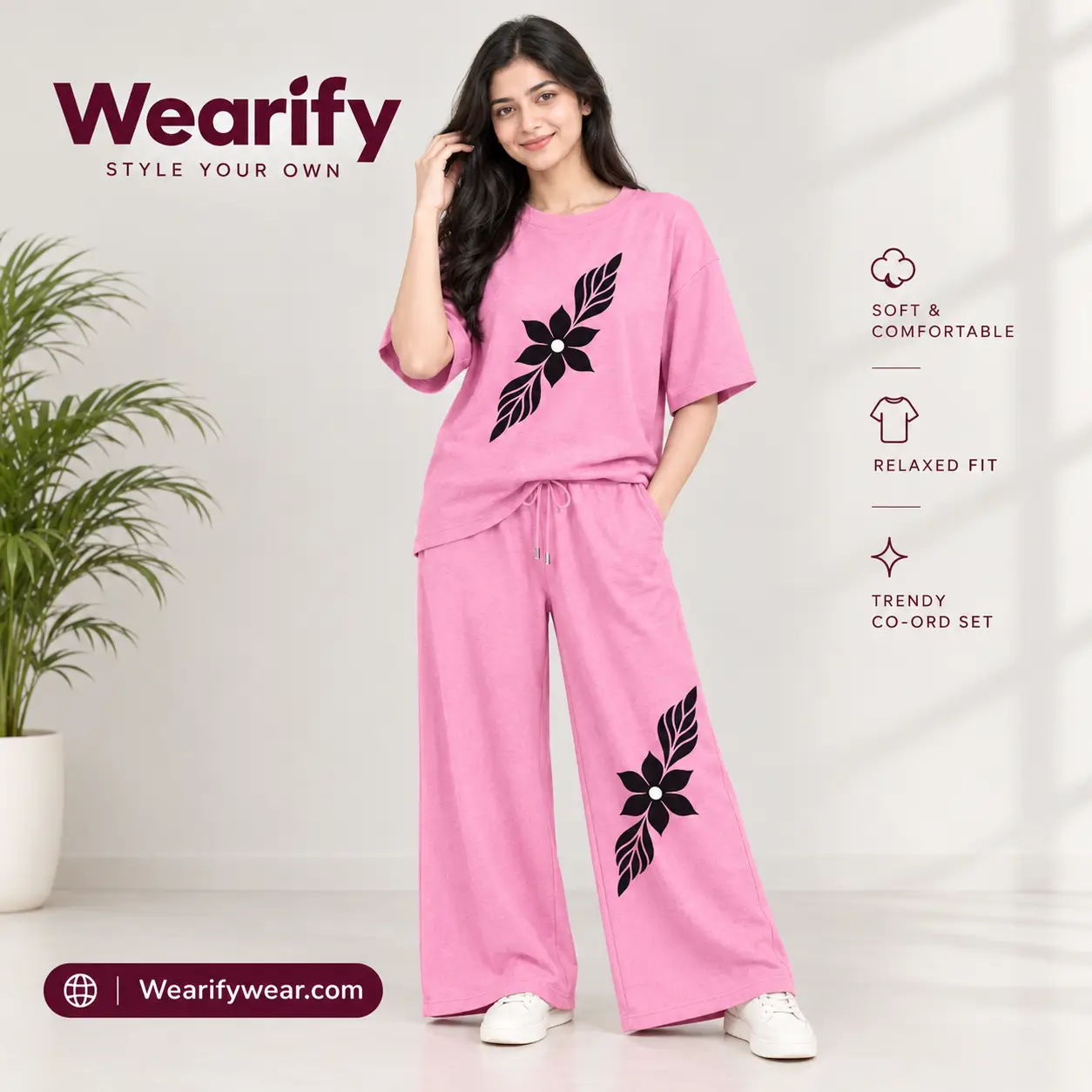 Women Premium Black Flower Co-Ord Set Pink