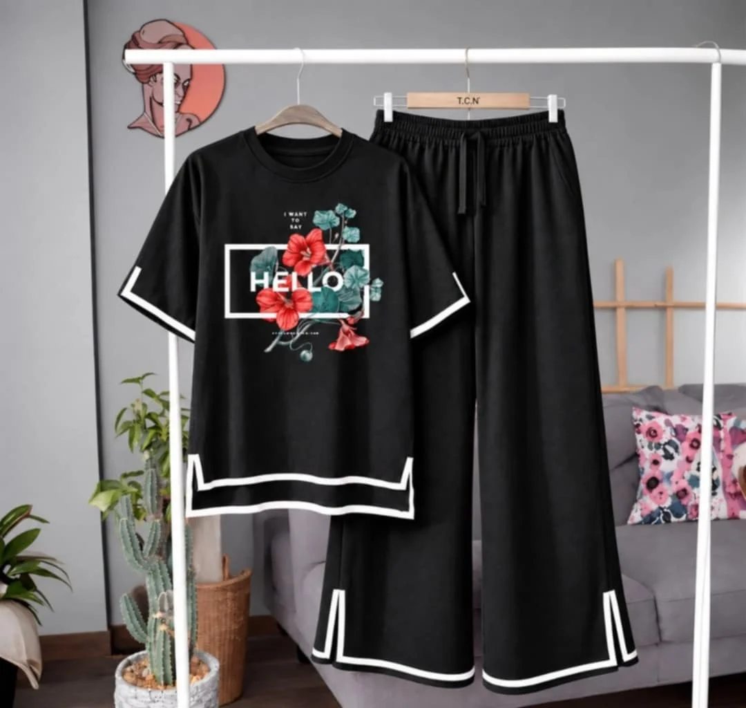 Women Hello Print Side Cutting Co-Ord Set – Black