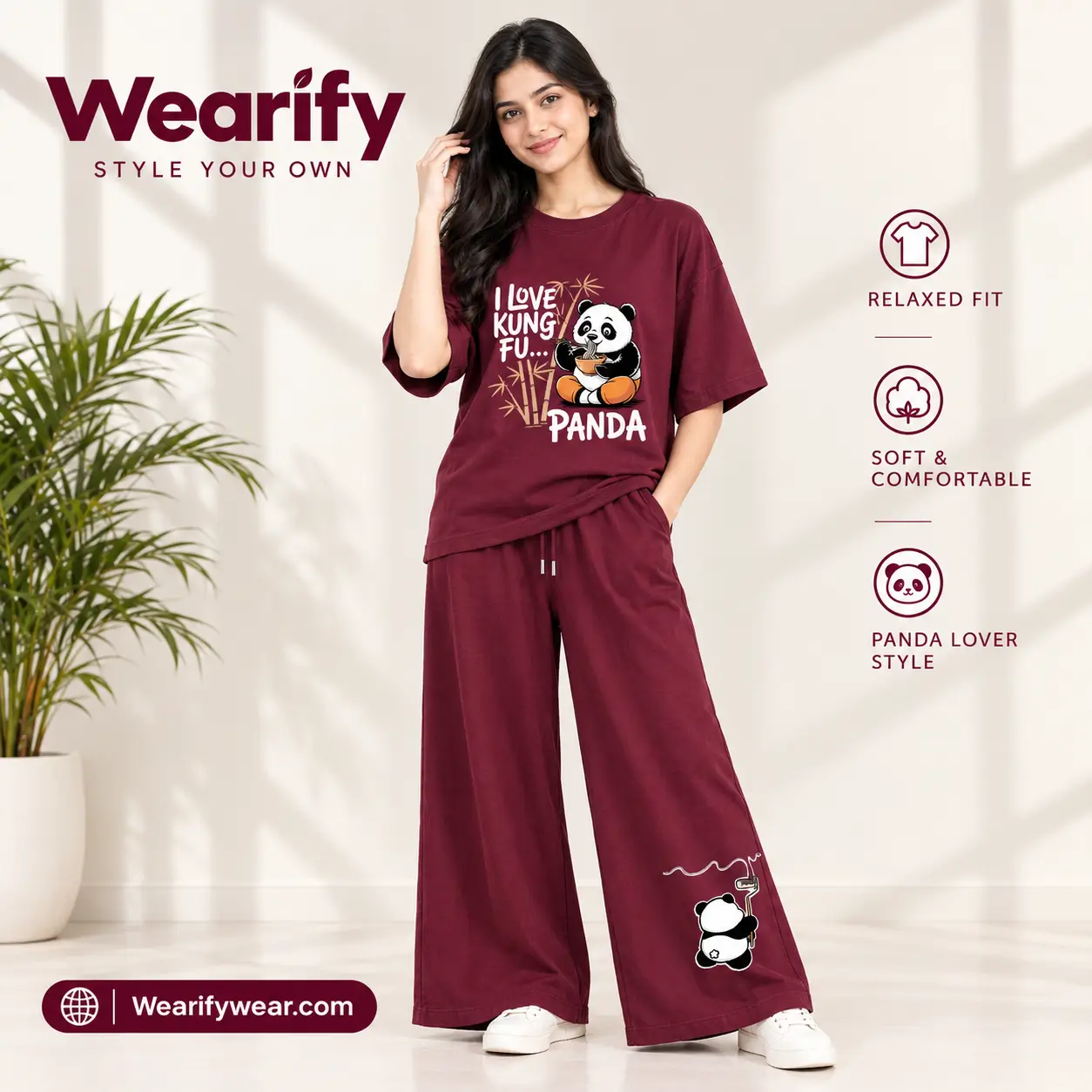 Women Premium kung Fu Panda Co-Ord Set Maroon