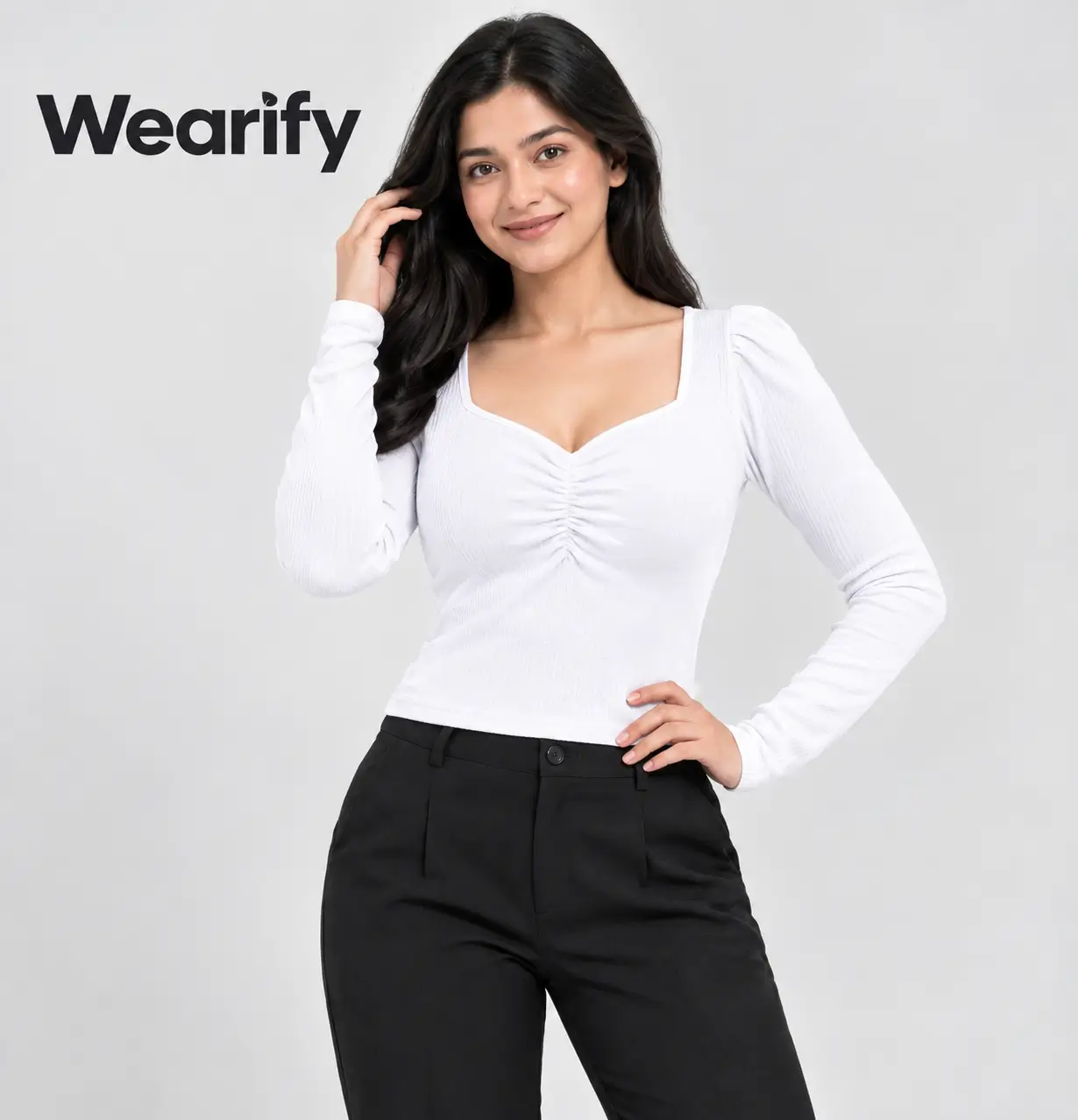 Square sweetheart neck – Full Sleeve Ribbed blouse White