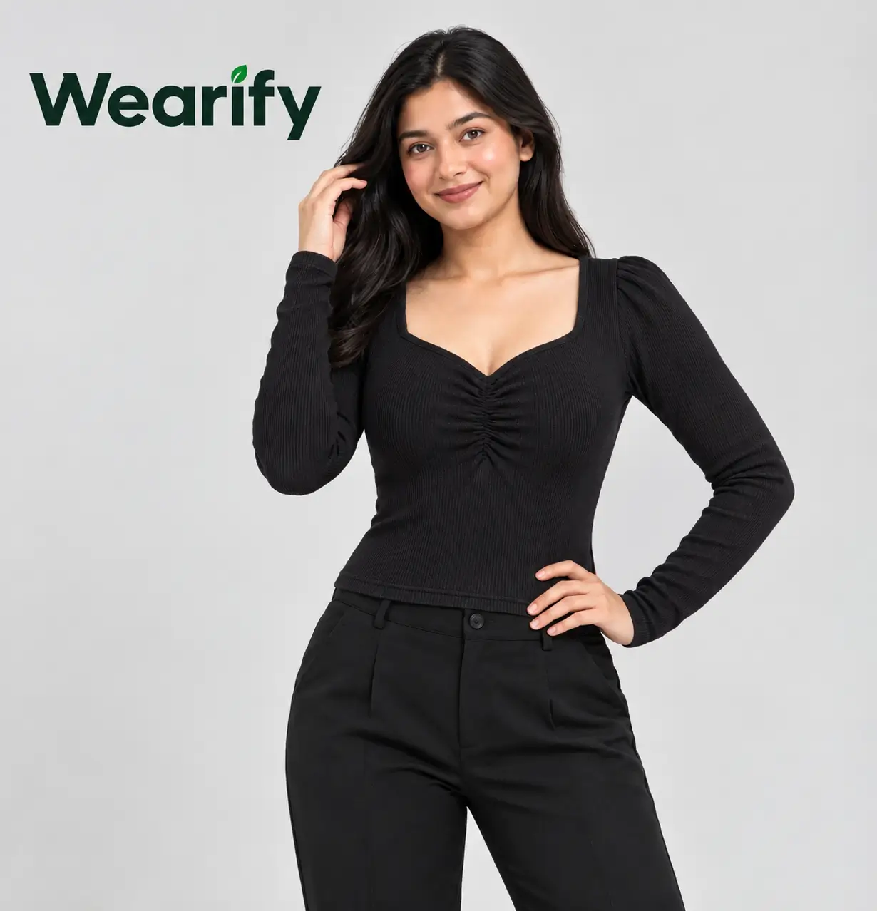 Square sweetheart neck – Full Sleeve Ribbed blouse Black