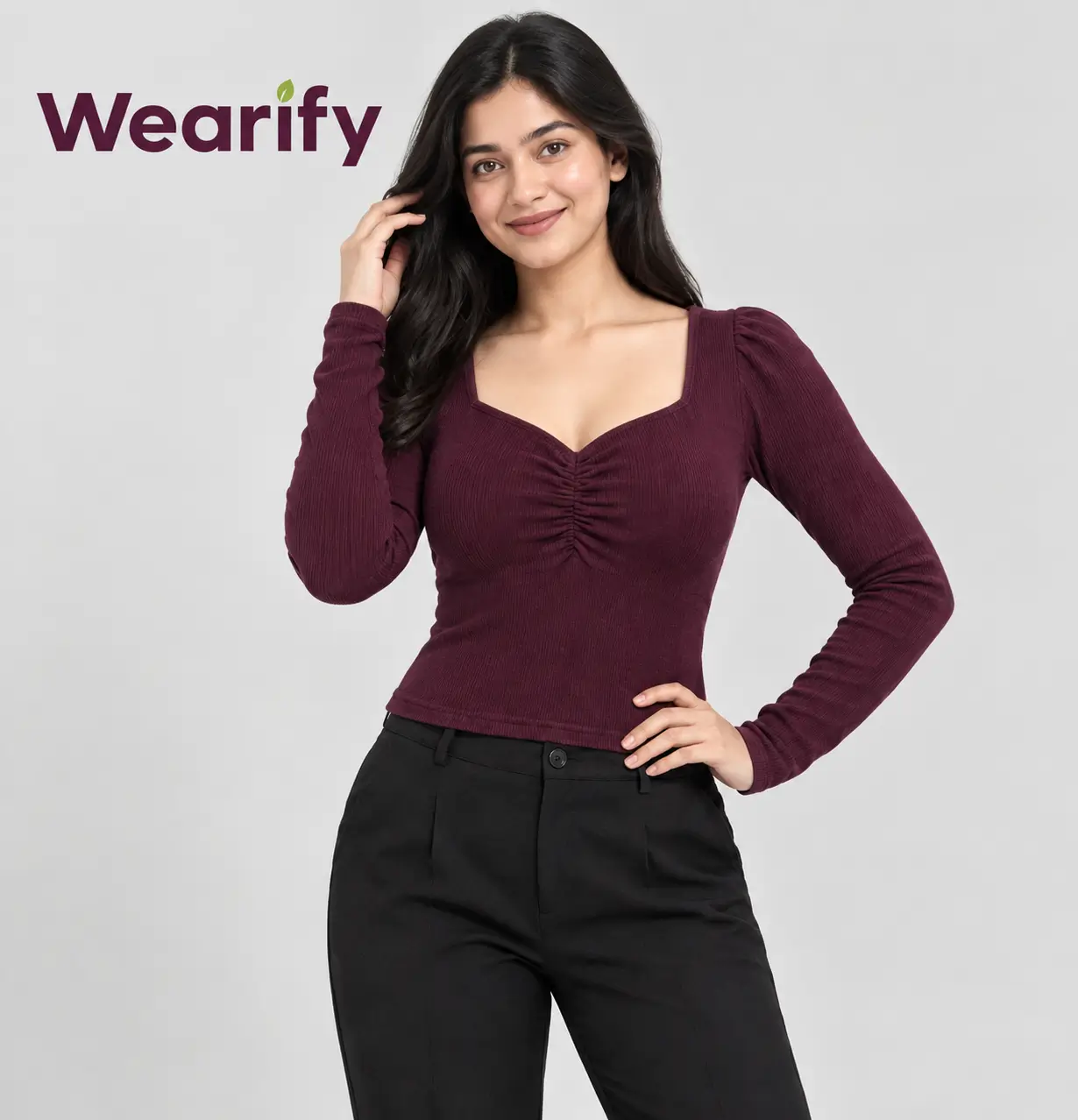 Square sweetheart neck – Full Sleeve Ribbed blouse Meroon