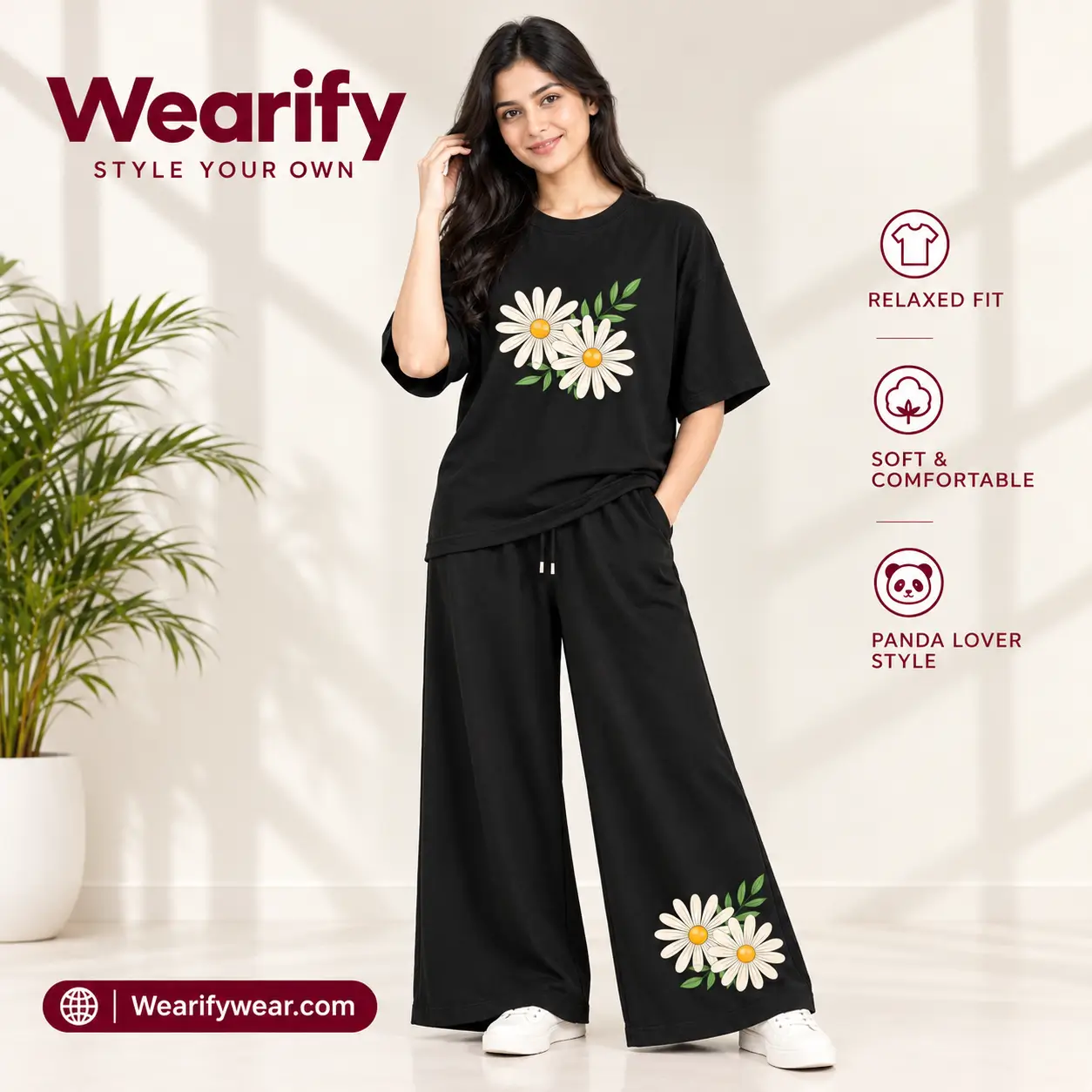 Women’s Premium Daisy Flower Print Co-Ord Set Black