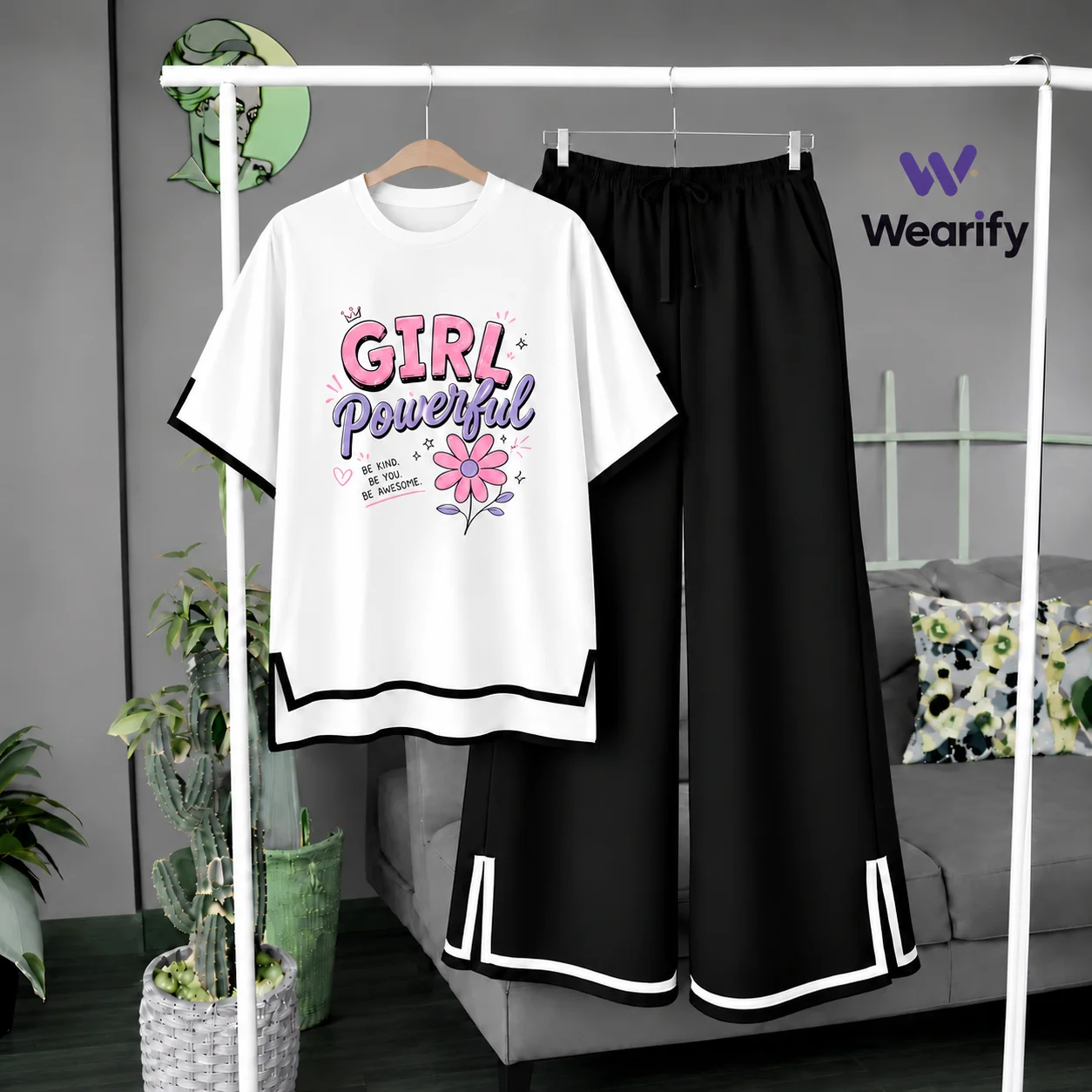 Women Girl Print Side Cutting Co-Ord Set – White with Black Pant
